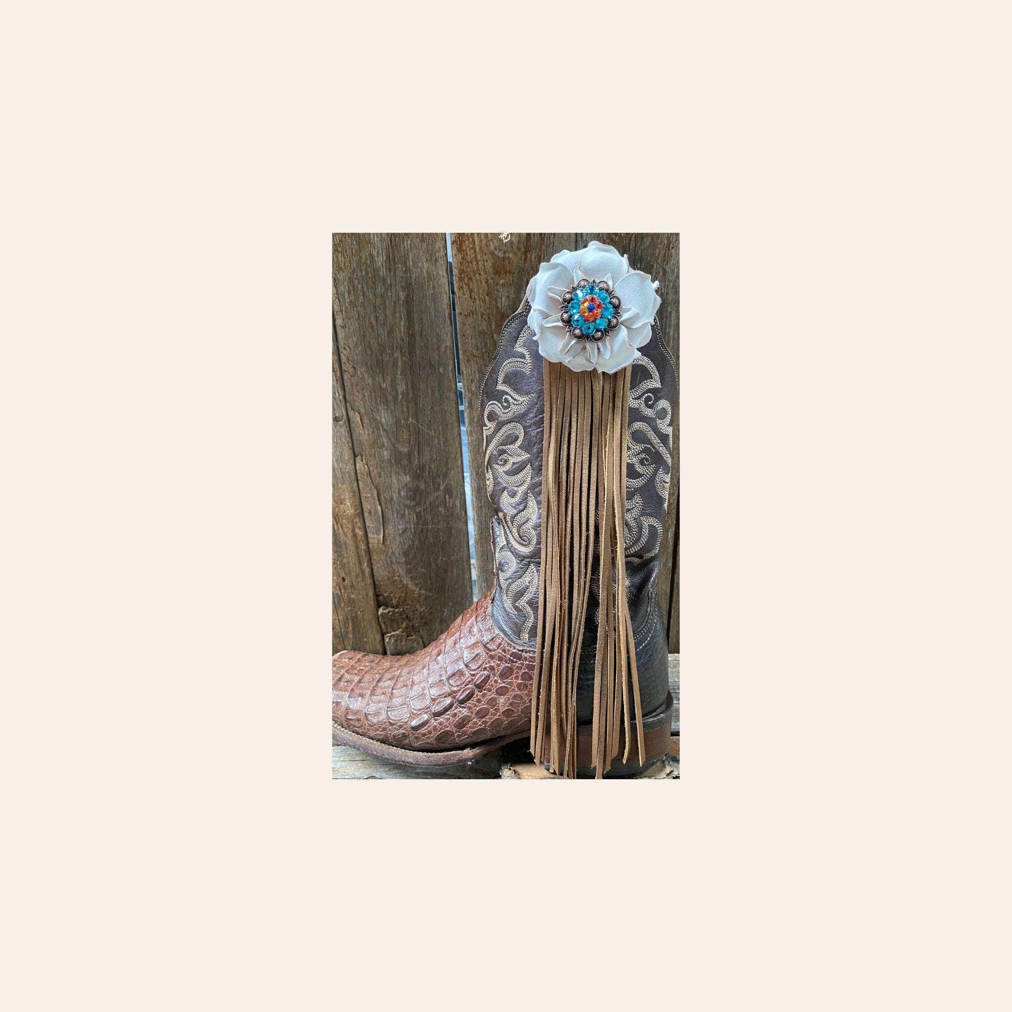 Boot Cuff Jewelry -White Leather Flower - Concho - Fringe