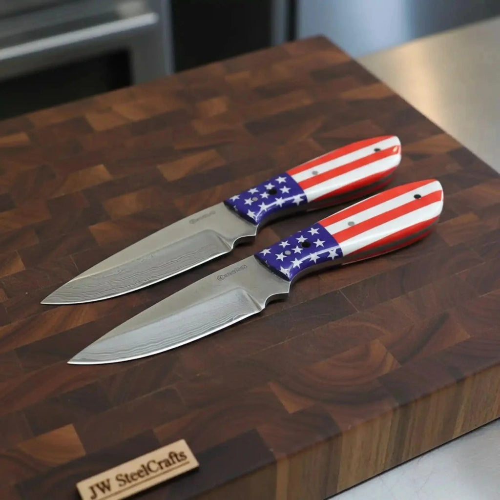 Carbon Steel Hunting Knife Set Drop Point Skinner Knives USA Flag Handles Leather Sheaths