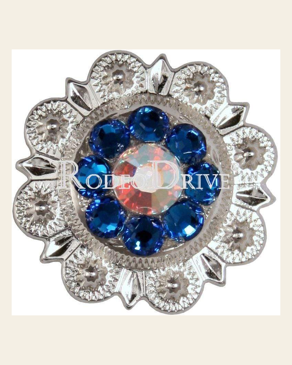 Carpi & AB Bright Silver 1" European Crystal Concho on a warm cream background