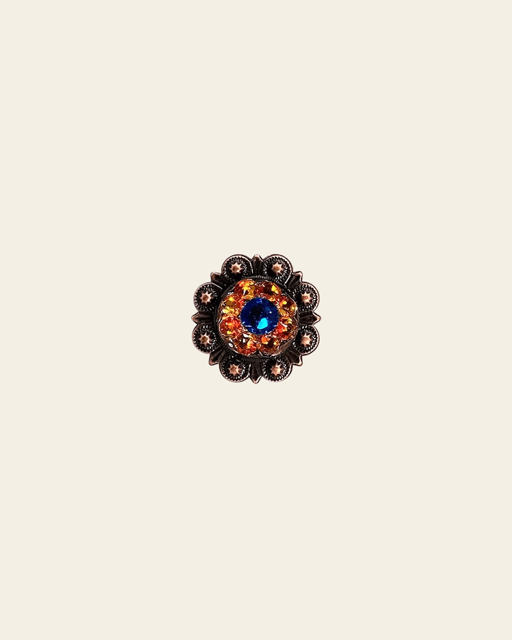 Carpi & Fire Opal Copper 1" European Crystal Concho on a warm cream background