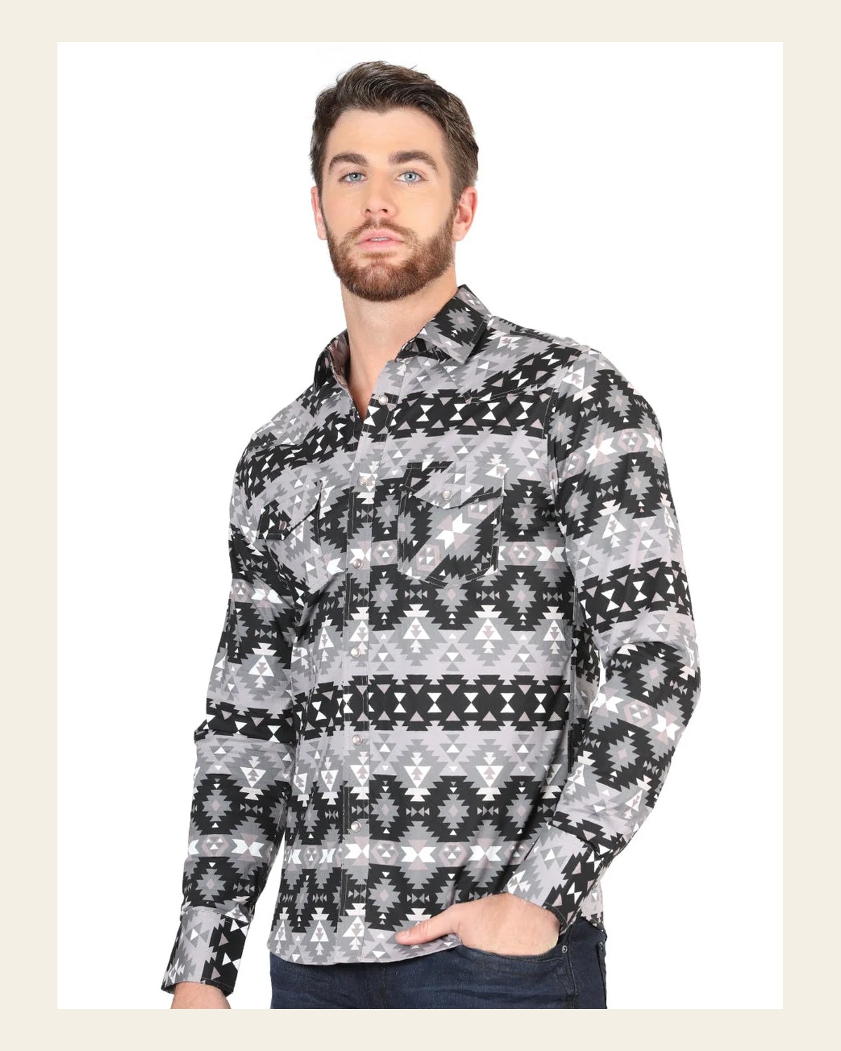 Men’s Long Sleeve Snap Button Western Shirt - Black 44397 on a warm cream background