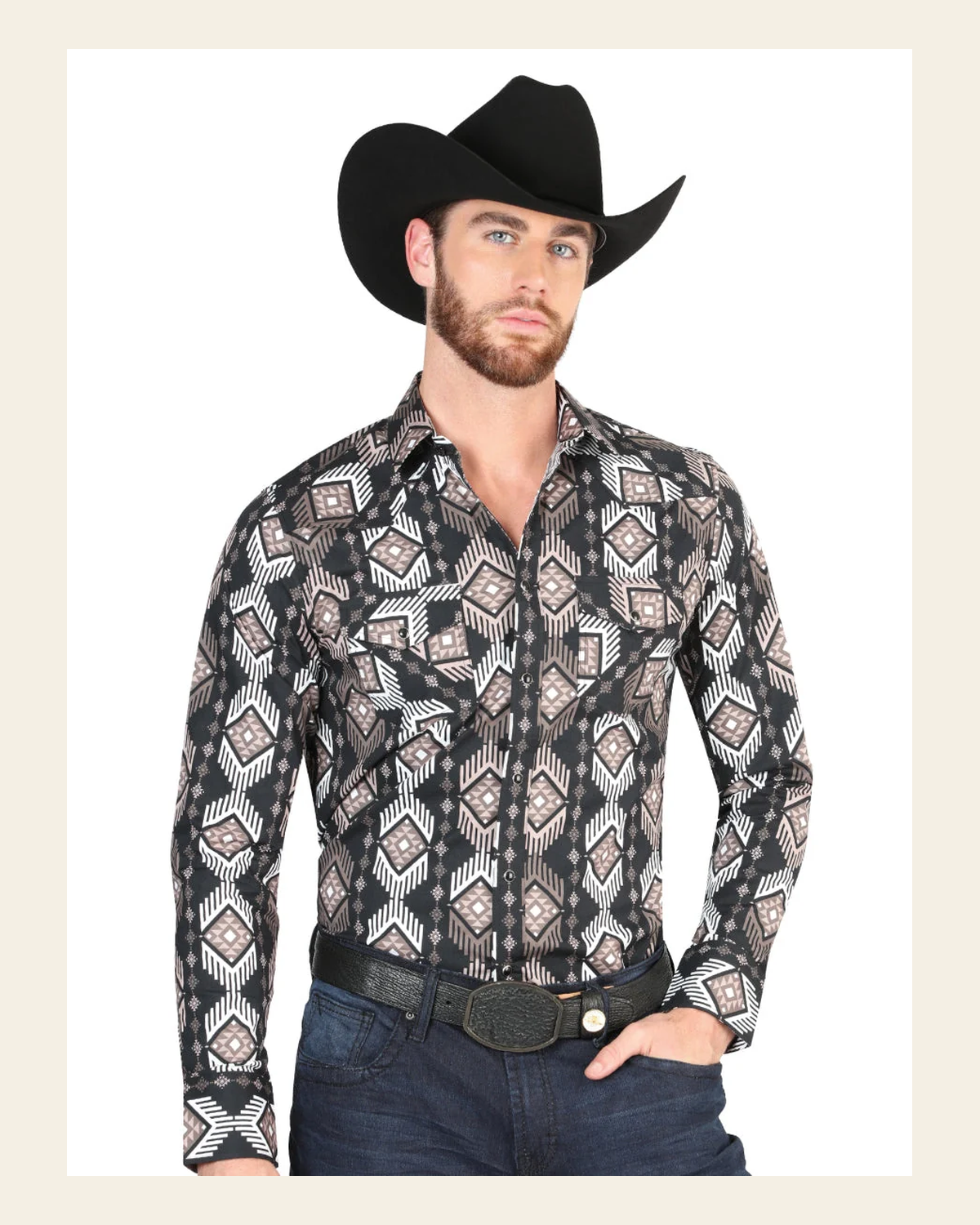 Men’s Long Sleeve Snap Button Western Shirt - Black 44402 on a warm cream background