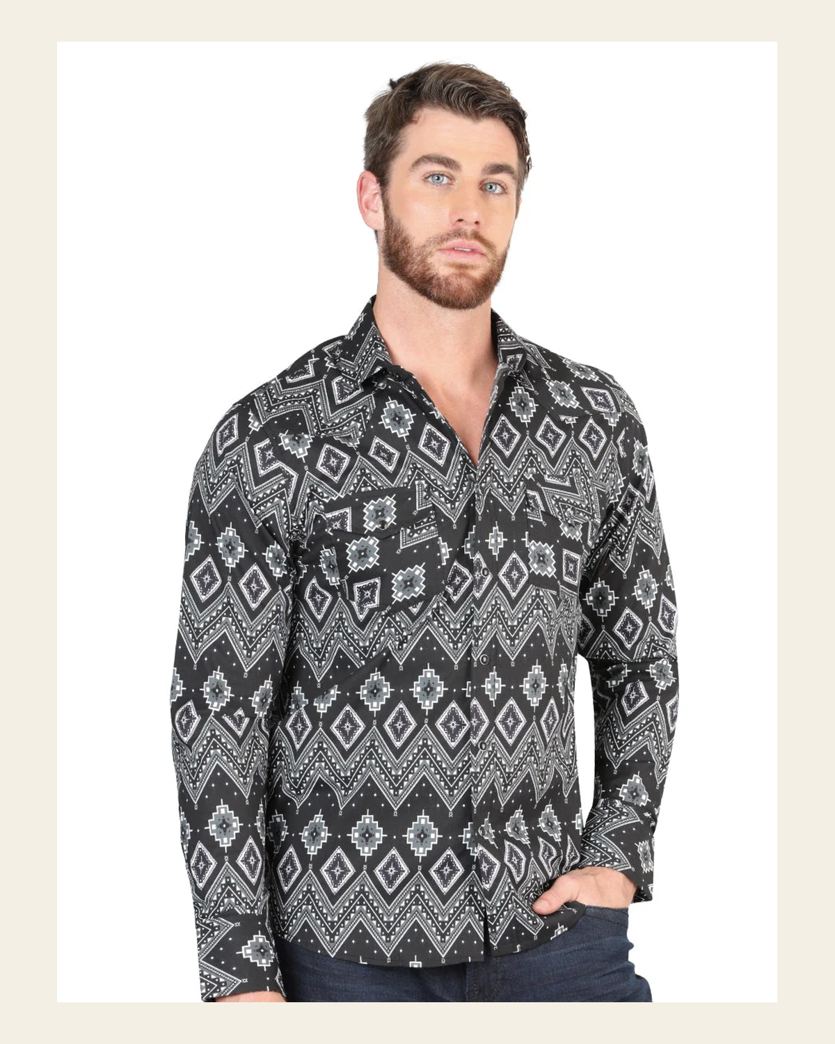 Men’s Long Sleeve Snap Button Western Shirt - Black 44432 on a warm cream background