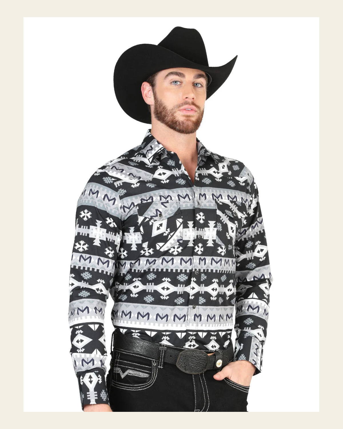 Men’s Long Sleeve Snap Button Western Shirt - Black/White 44419 on a warm cream background