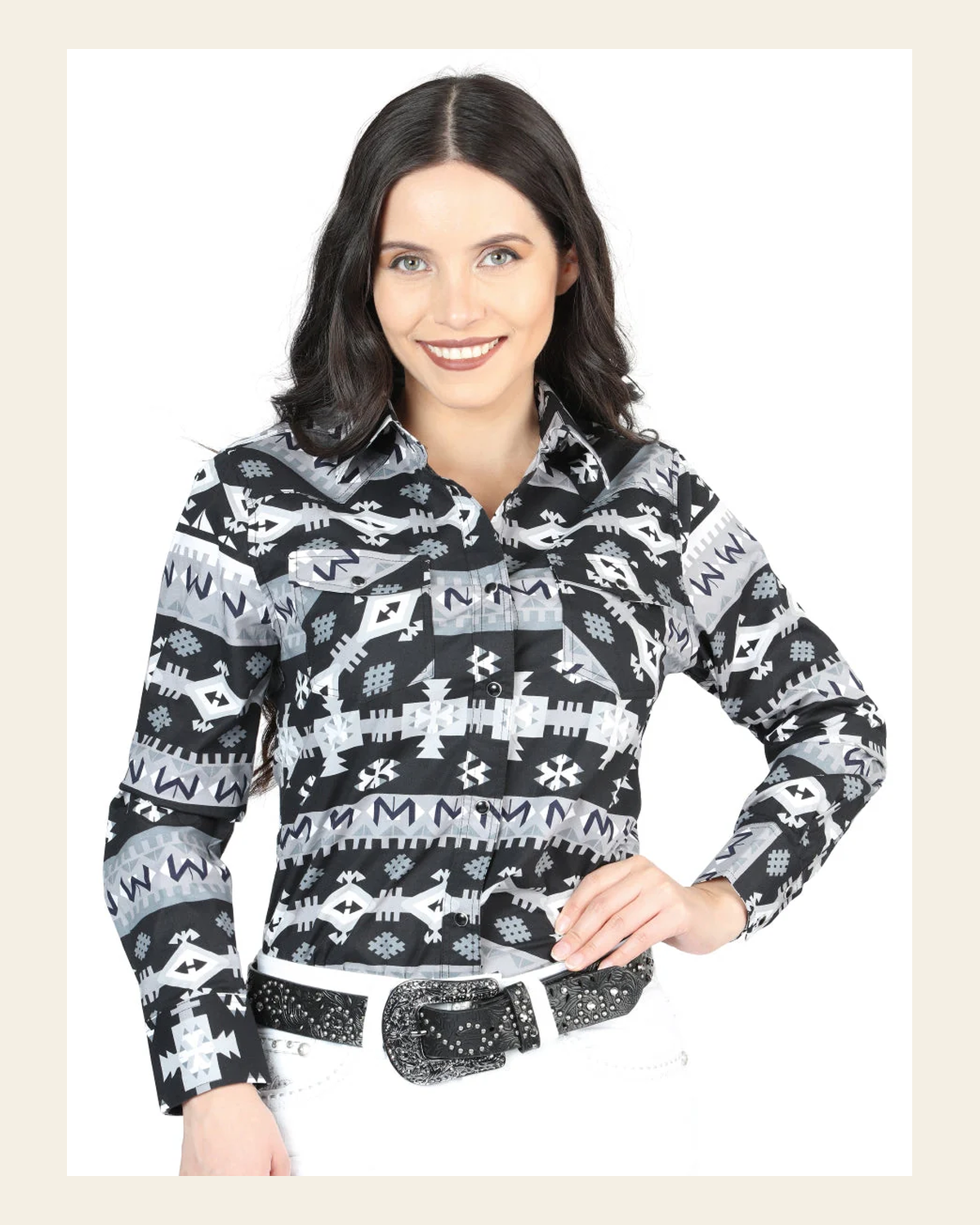 Casual Long-Sleeve Shirt by El General Black/White 44423 on a warm cream background
