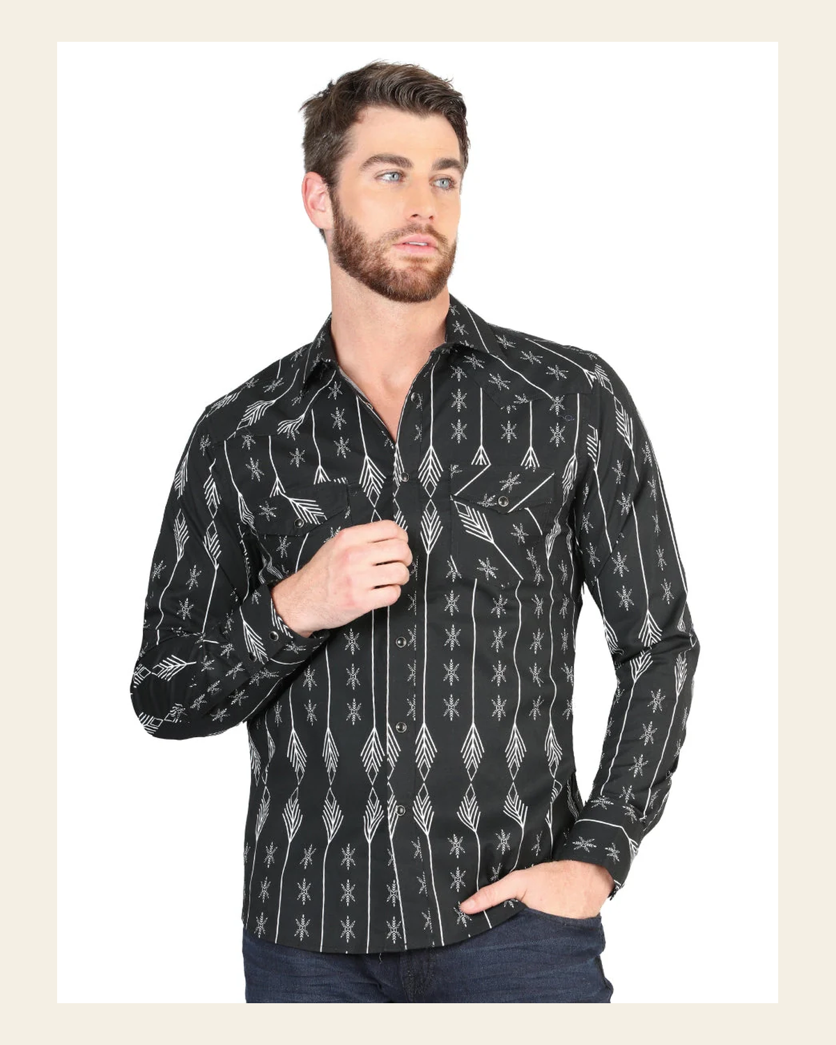 Men’s Long Sleeve Snap Button Western Shirt - Black/White 44433 on a warm cream background