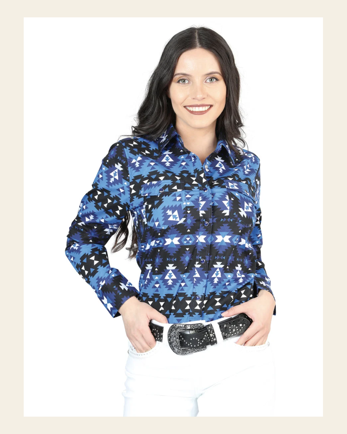 Casual Long-Sleeve Shirt by El General Blue 44410 on a warm cream background