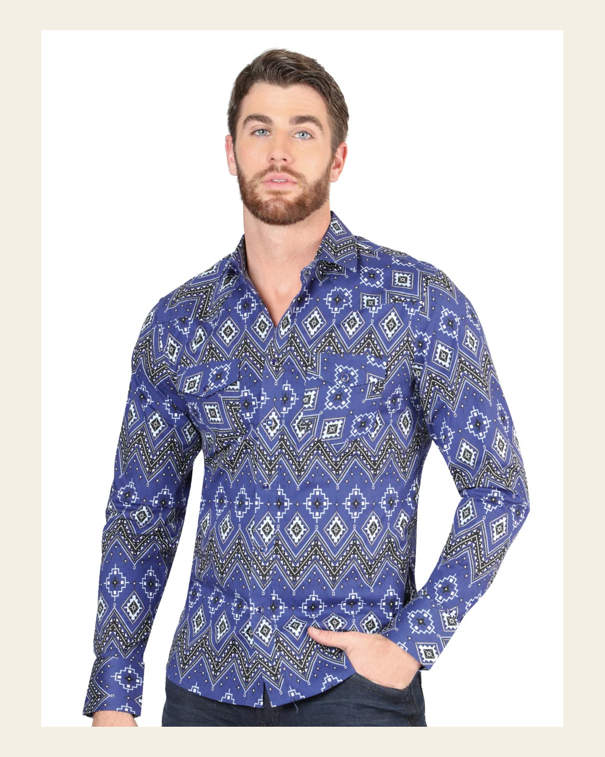 Men’s Long Sleeve Snap Button Western Shirt - Blue 44429 on a warm cream background