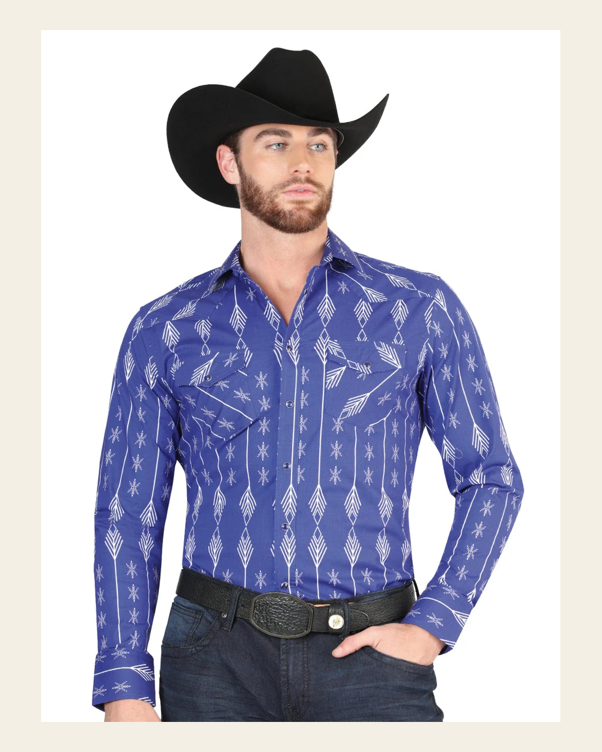 Men’s Long Sleeve Snap Button Western Shirt - Blue/White 44434 on a warm cream background