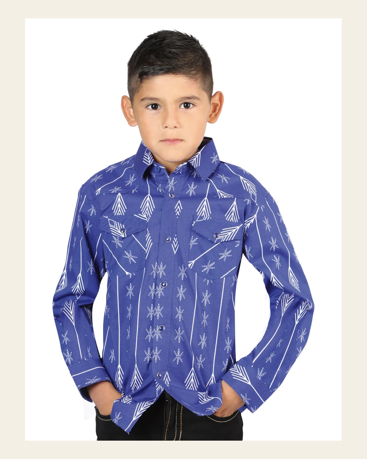 Casual Long-Sleeve Shirt by El General Blue/White 44440 on a warm cream background