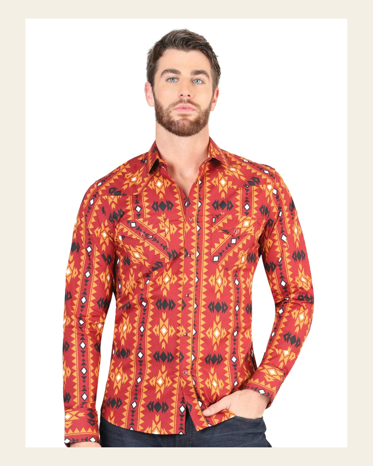 Men’s Long Sleeve Snap Button Western Shirt - Brick Red 44400 on a warm cream background