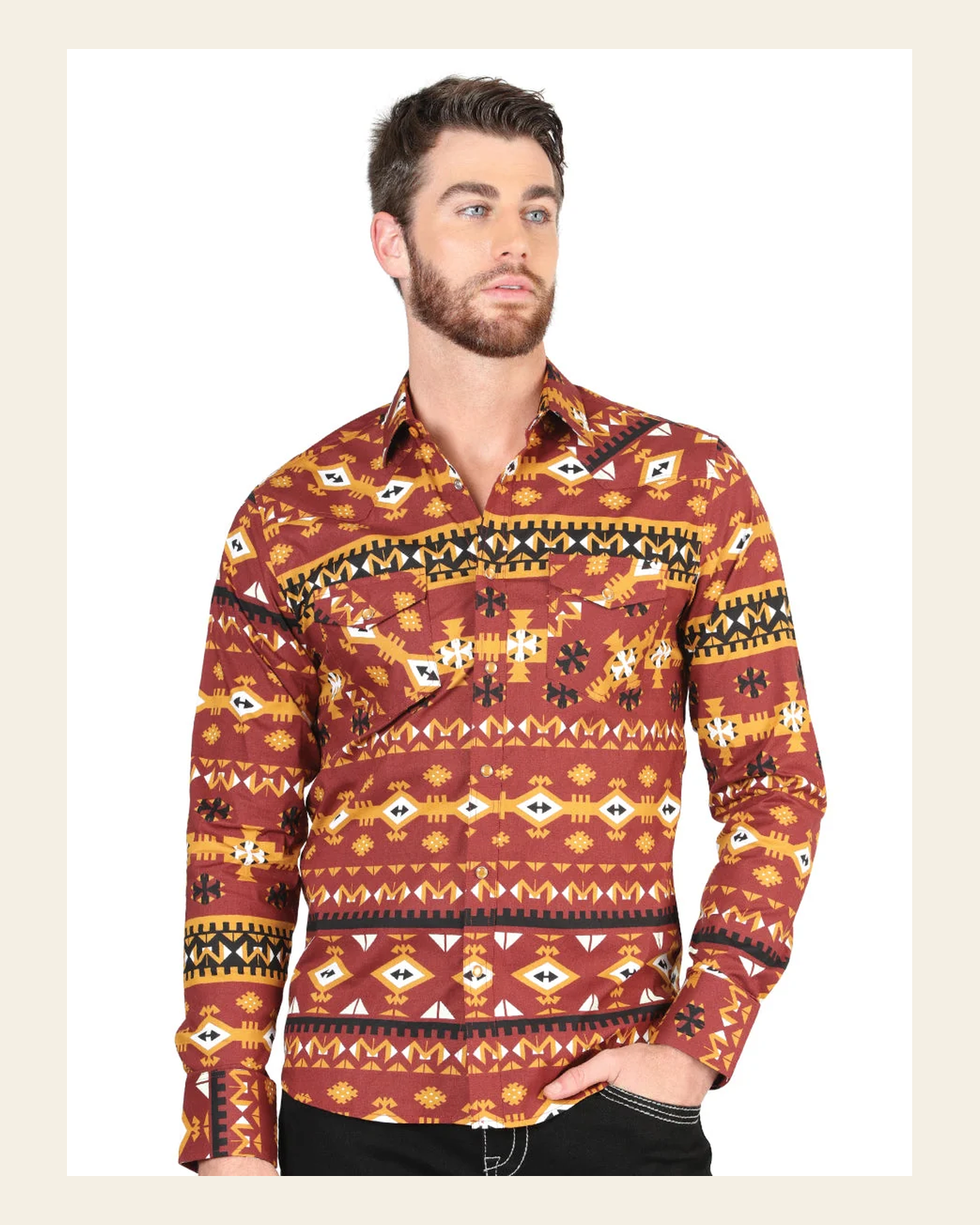 Men’s Long Sleeve Snap Button Western Shirt - Brick Red 44420 on a warm cream background