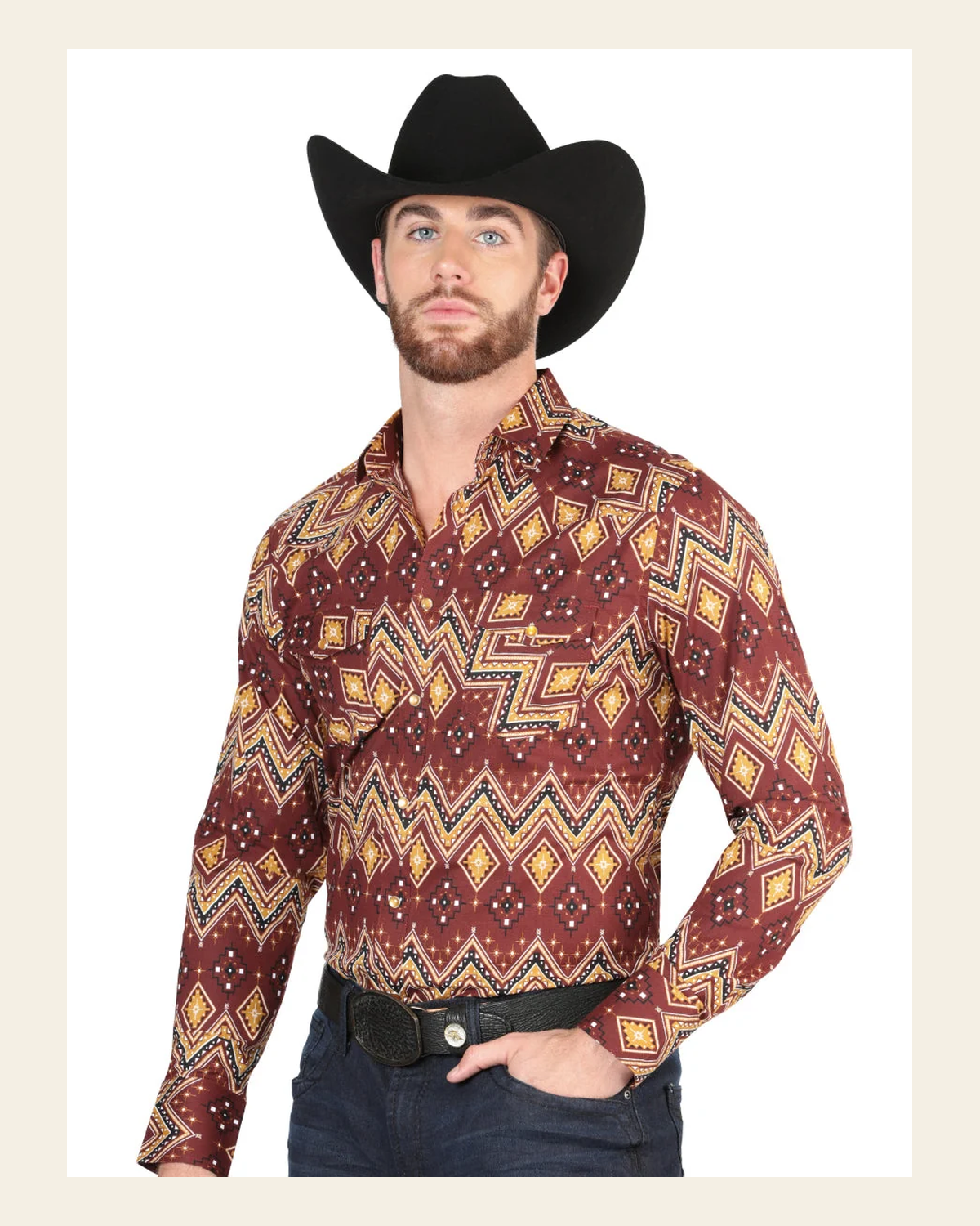 Men’s Long Sleeve Snap Button Western Shirt - Burgundy 44430 on a warm cream background
