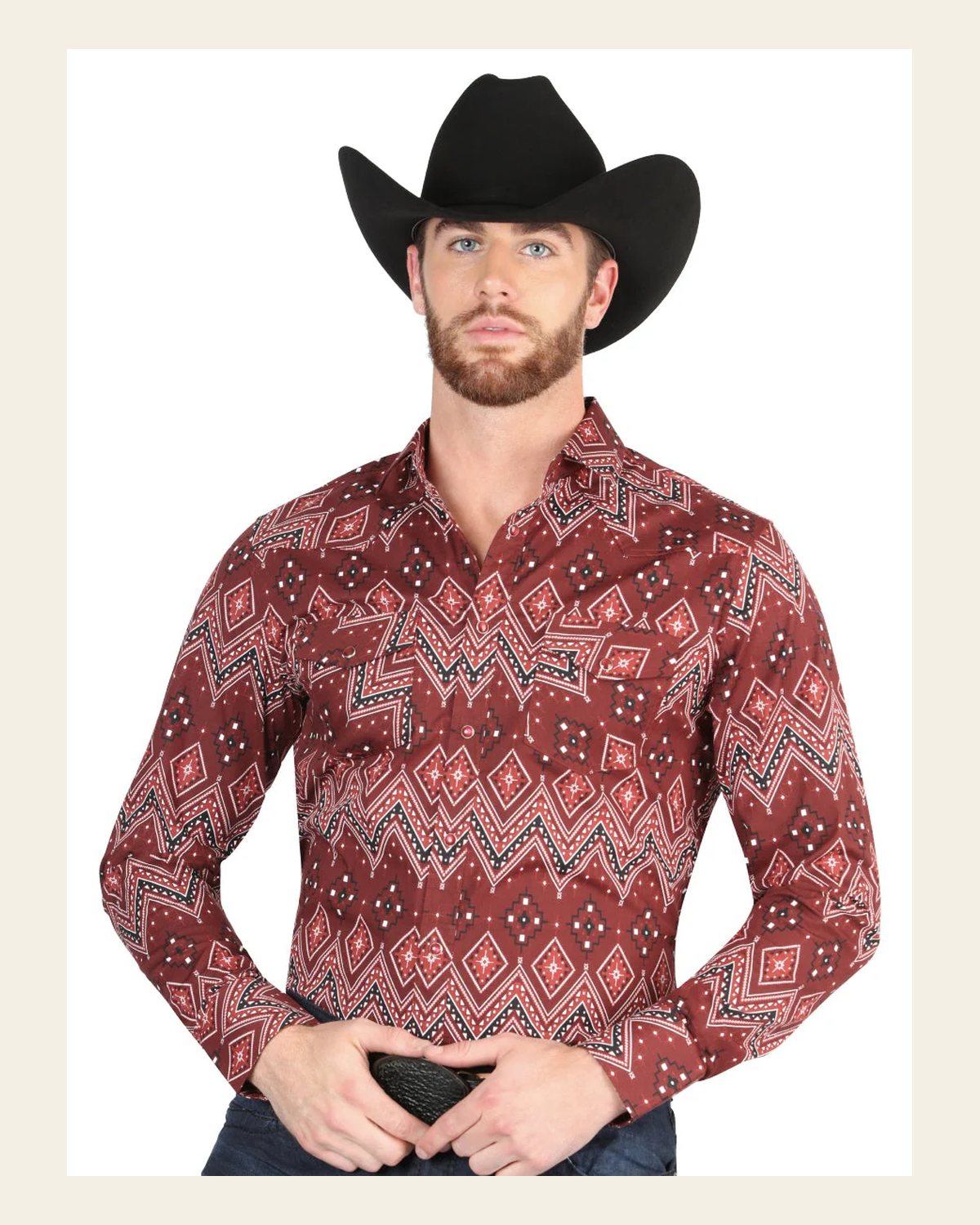 Men’s Long Sleeve Snap Button Western Shirt - Burgundy 44431 on a warm cream background