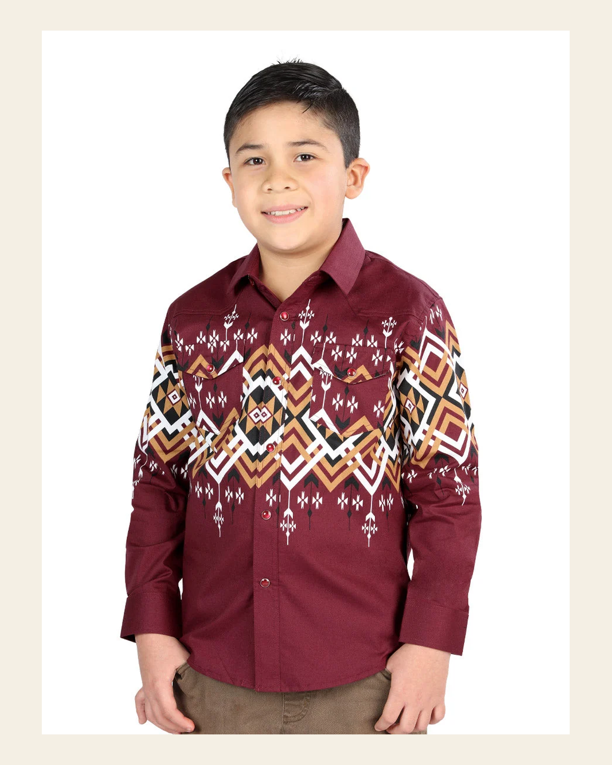 Casual Long-Sleeve Shirt by El General Burgundy 44465 on a warm cream background