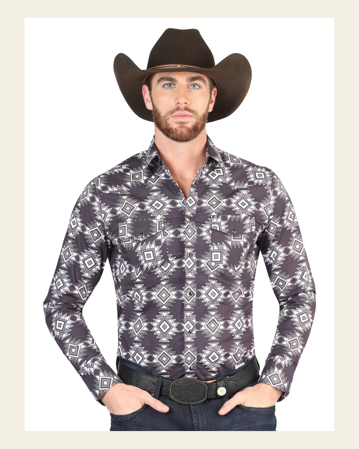 Men’s Long Sleeve Snap Button Western Shirt - Dark Blue 44403 on a warm cream background
