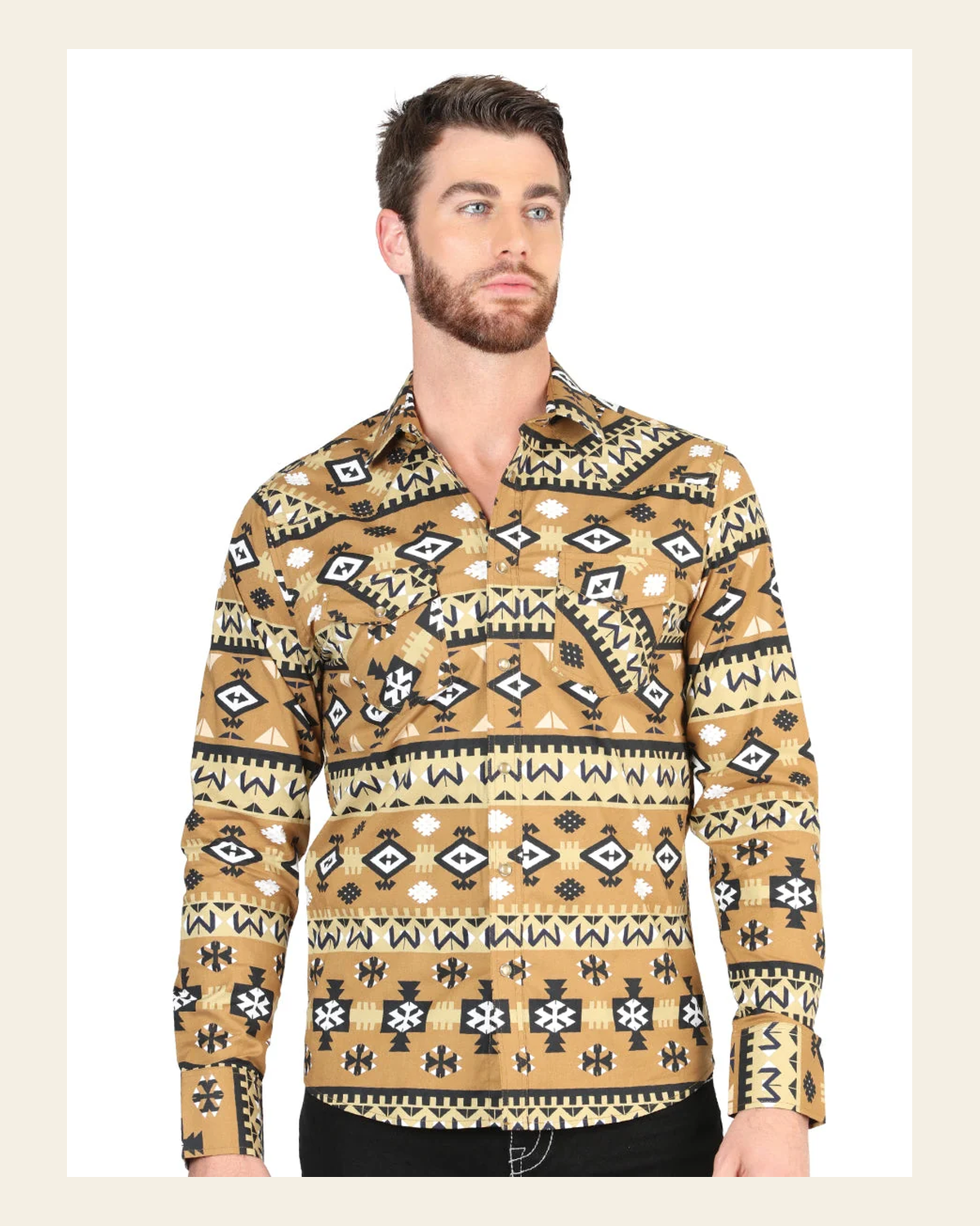Men’s Long Sleeve Snap Button Western Shirt - Mustard 44417 on a warm cream background