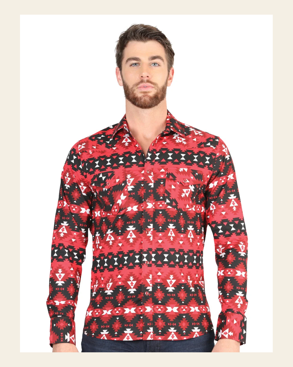 Men’s Long Sleeve Snap Button Western Shirt - Red 44396 on a warm cream background