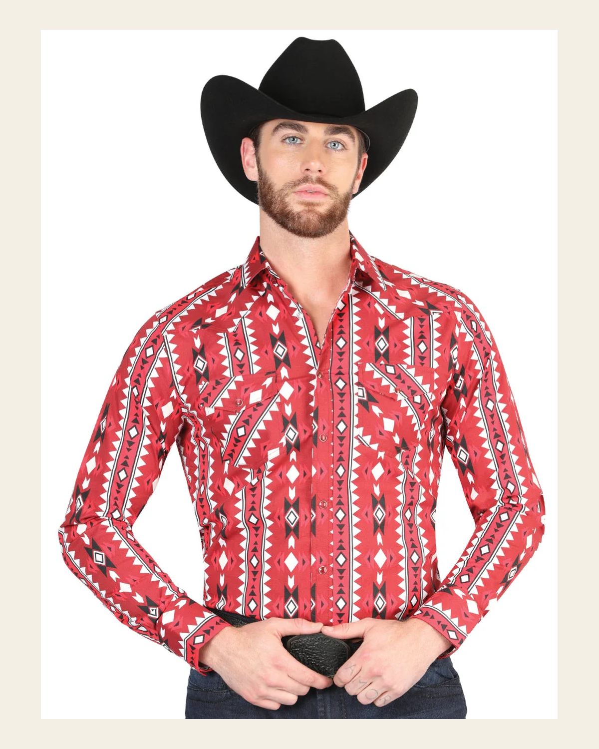 Men’s Long Sleeve Snap Button Western Shirt - Red 44401 on a warm cream background
