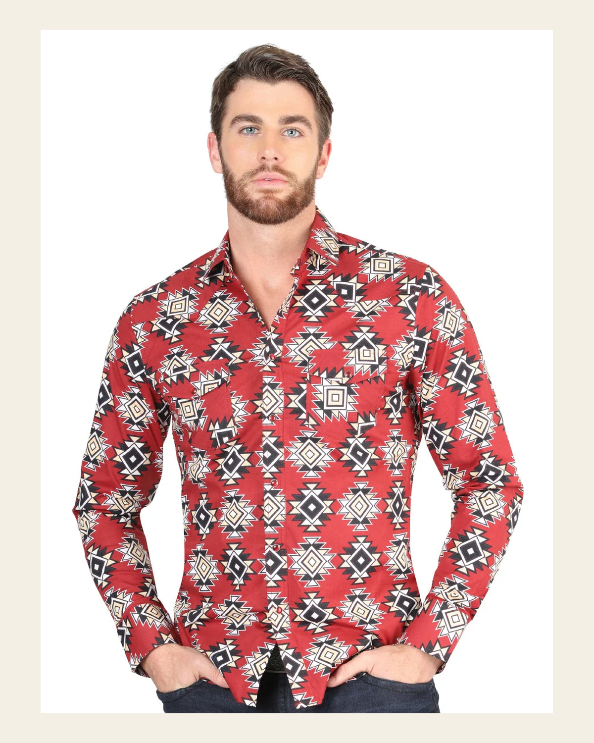 Men’s Long Sleeve Snap Button Western Shirt - Red 44404 on a warm cream background