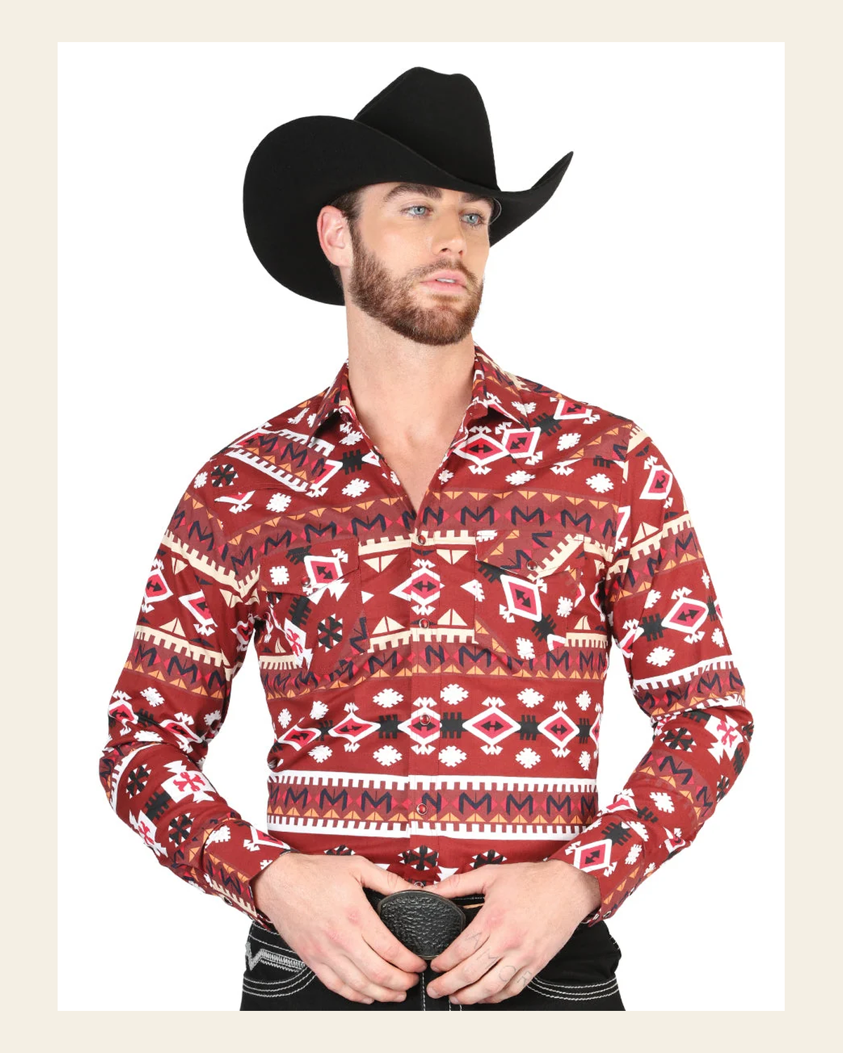 Men’s Long Sleeve Snap Button Western Shirt - Red 44418 on a warm cream background
