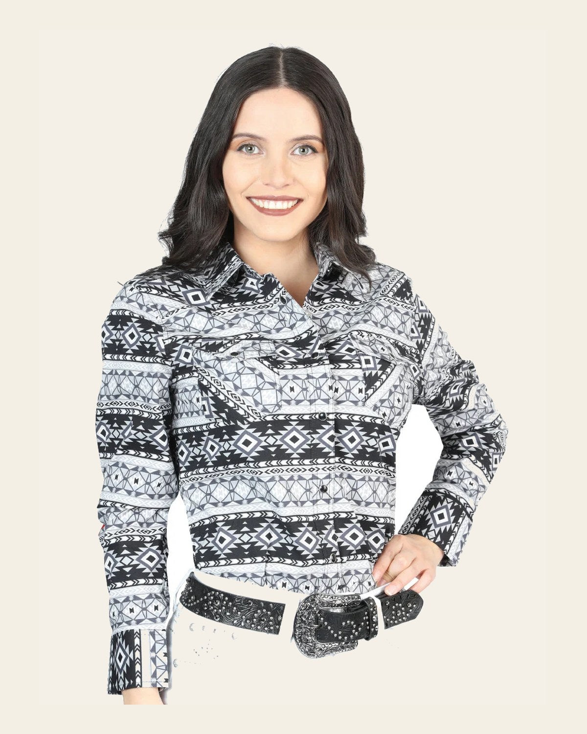 Casual Long-Sleeve Shirt by El General White/Black 44405 on a warm cream background