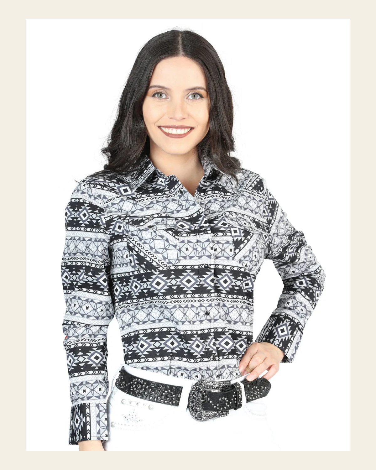 Casual Long-Sleeve Shirt by El General White/Black 44405 on a warm cream background