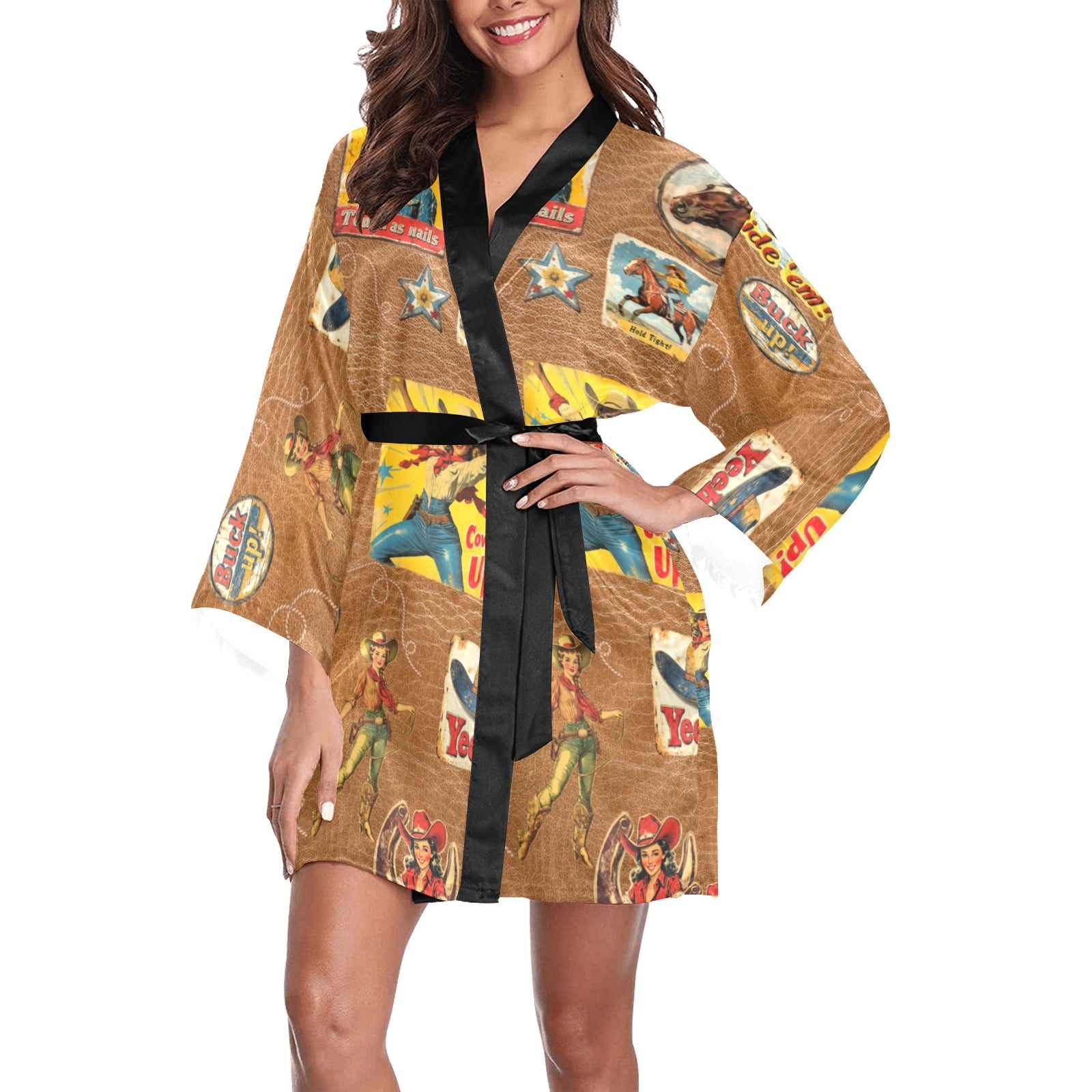 Baha Ranch Vintage Cowgirl Collage Kimono Satin Robe by Baha Ranch Western Wear