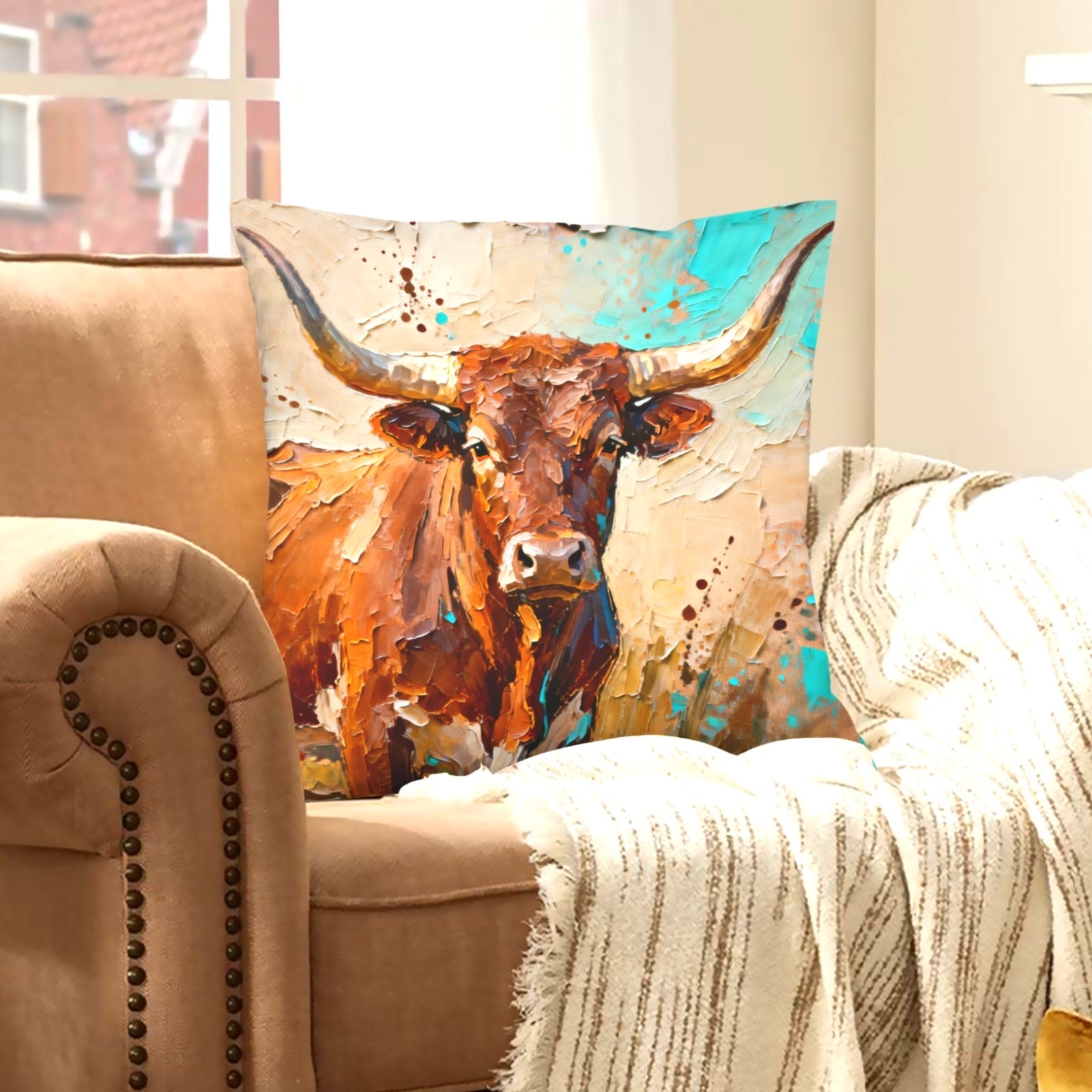 Baha Ranch Painted Bull Velvety Soft Pillow Cover Made in America by Baha Ranch Western Wear