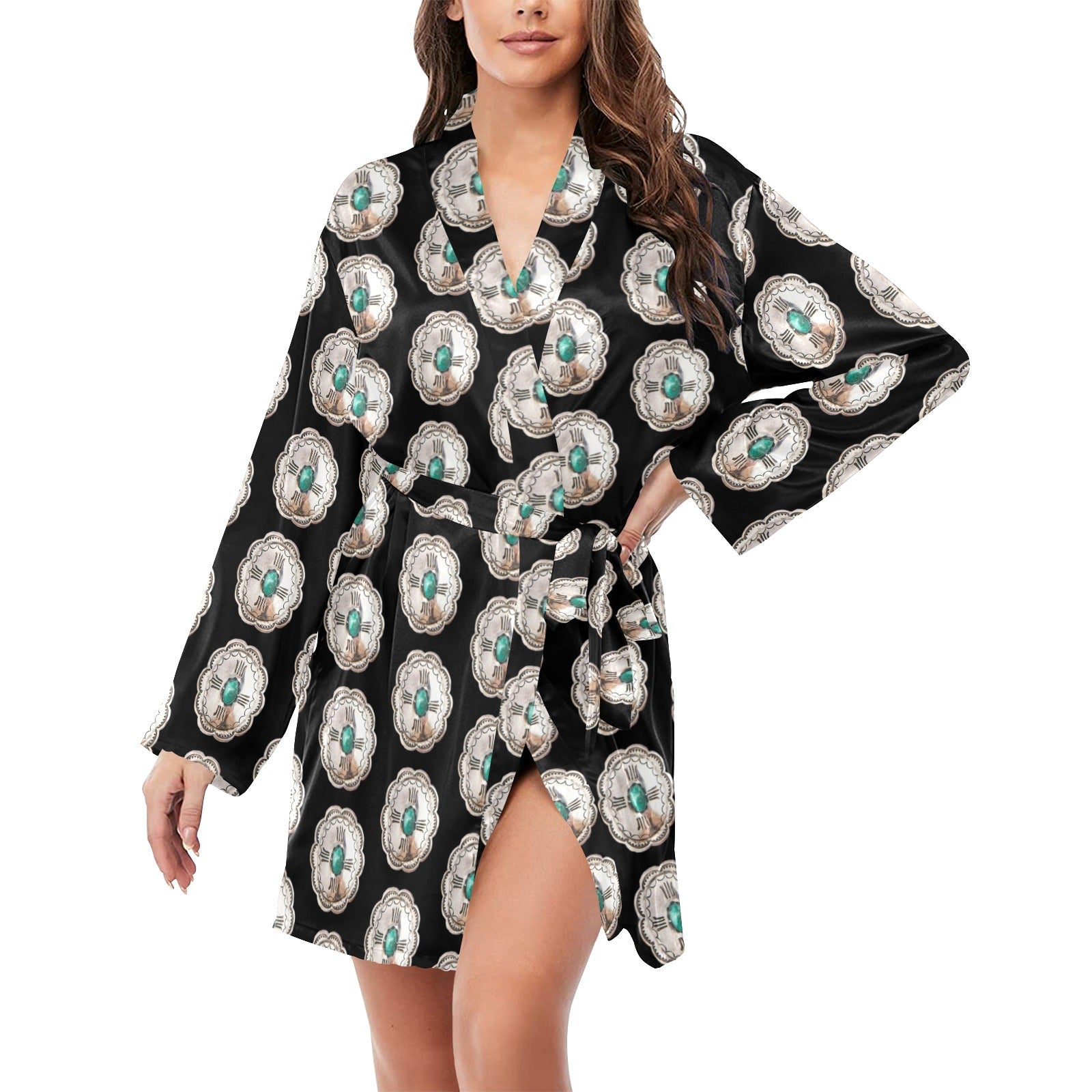 Baha Ranch Silver Concho Women's Long Sleeve Belted Satin Feel Dressing Lounge Robe by Baha Ranch Western Wear