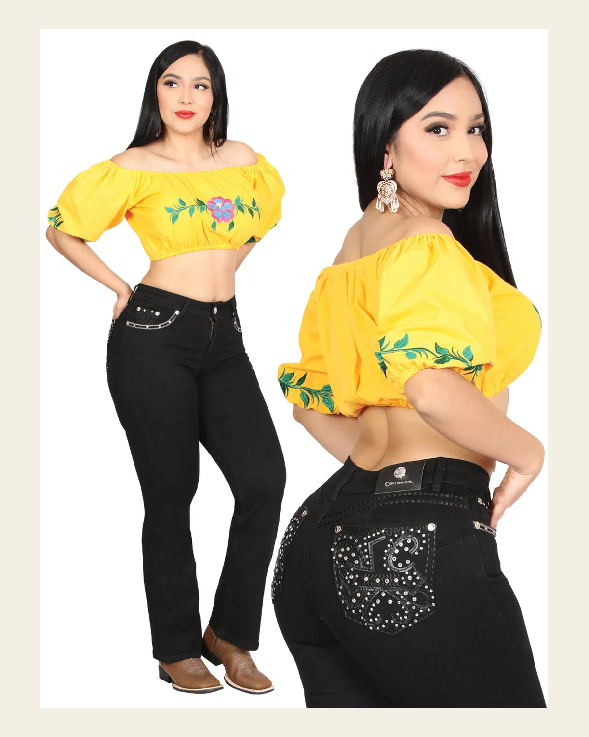 Centenario Hip-Up Bootcut Denim Jeans - Black 45320 on a warm cream background