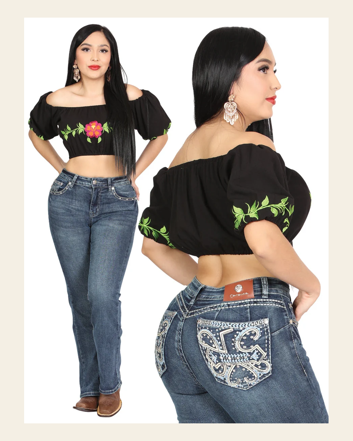 Centenario Hip-Up Bootcut Denim Jeans - Dark Blue 45321 on a warm cream background