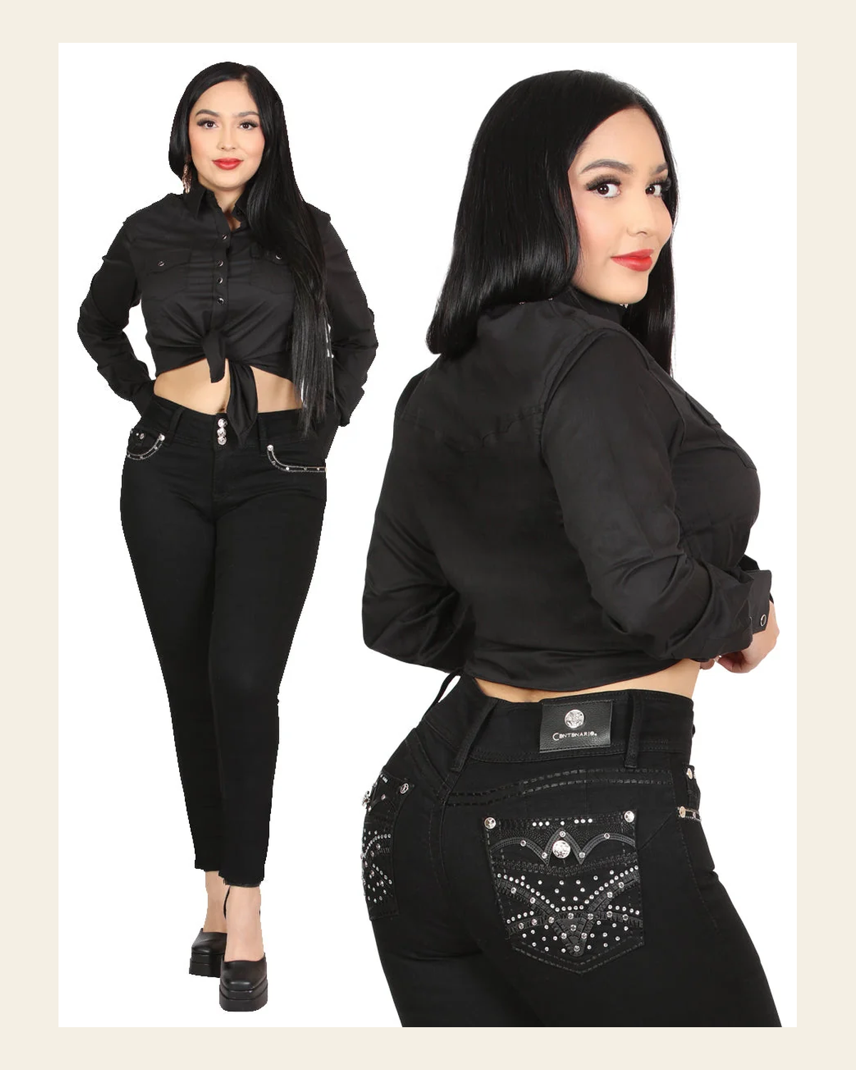 Centenario Hip-Up Skinny Denim Jeans - Black 45318 on a warm cream background