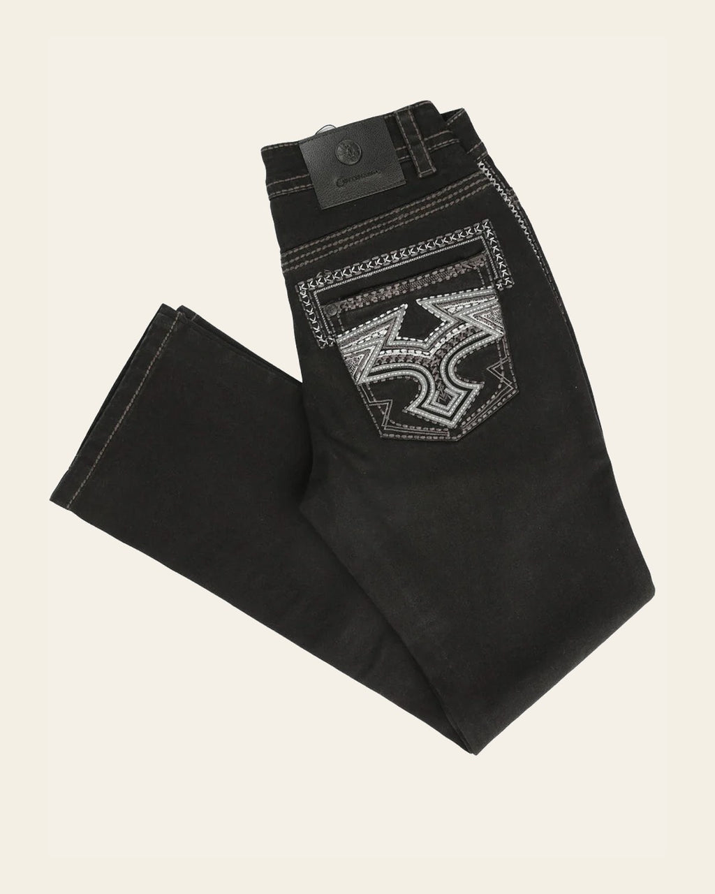 Centenario Men's Black Denim with Gray Embroidered Details 45311 on a warm cream background