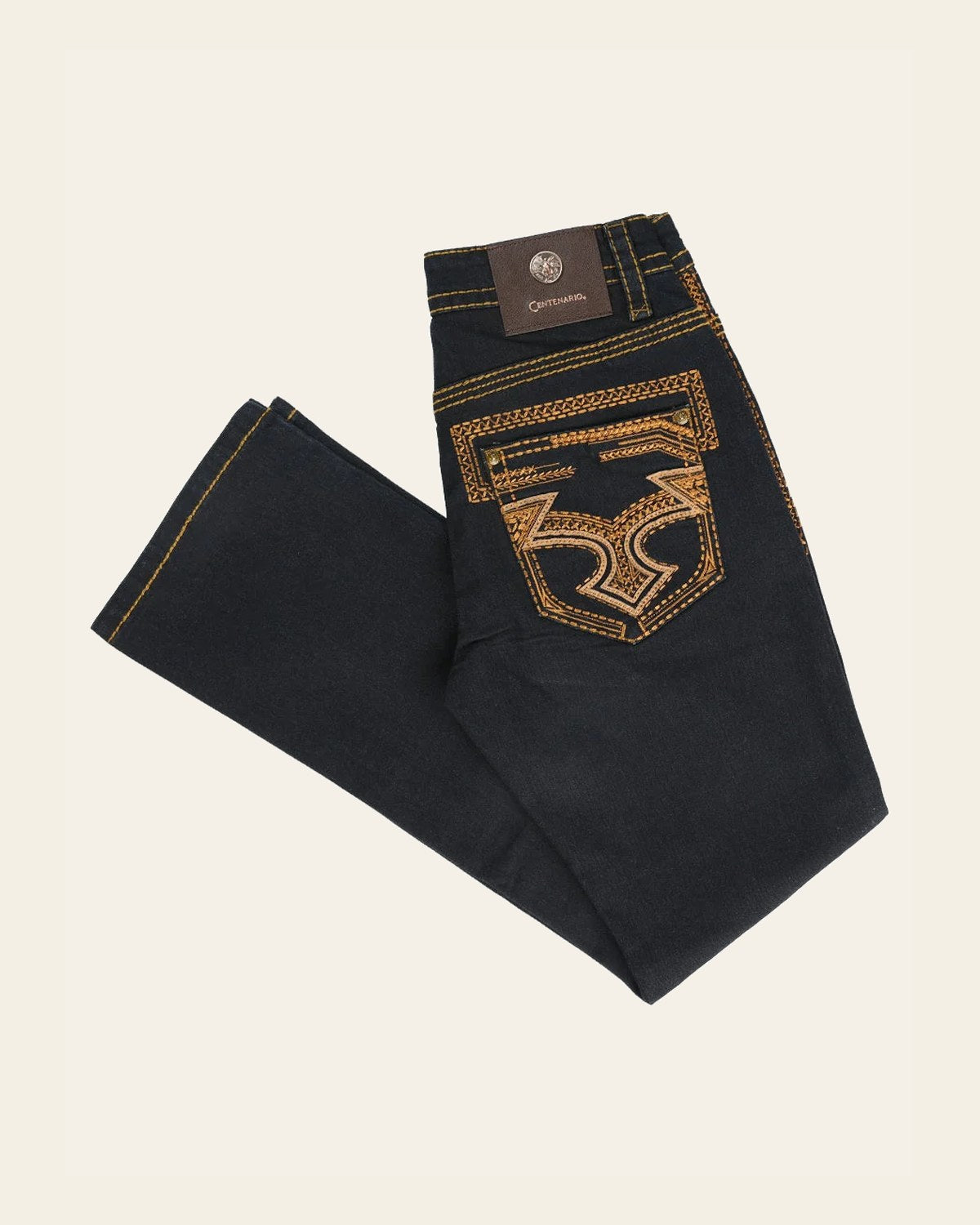 Centenario Men's Rinse Blue Denim with Gold Embroidered Details 45313 on a warm cream background