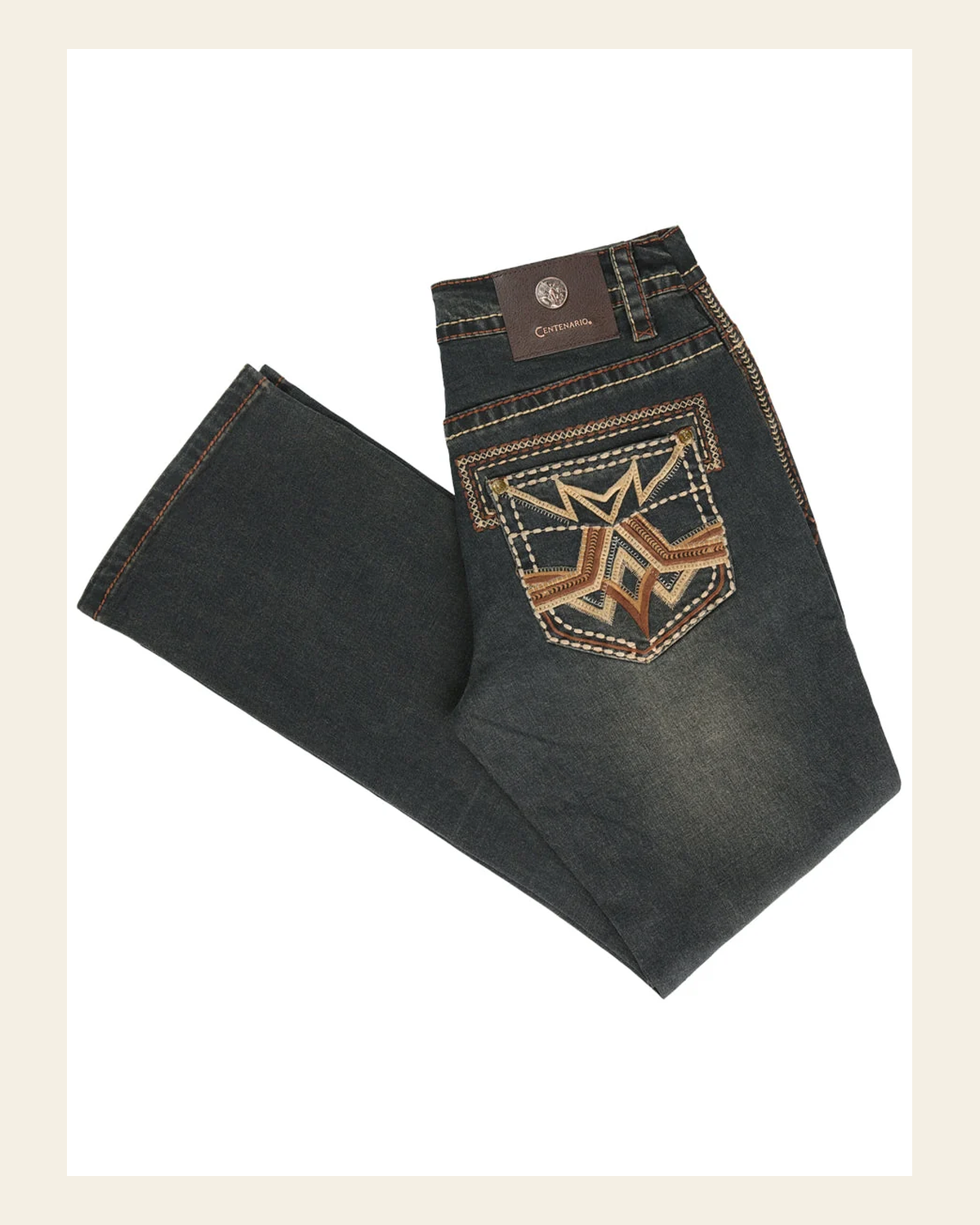 Centenario Men's Tinted Brown Denim with Embroidered Details 45316 on a warm cream background