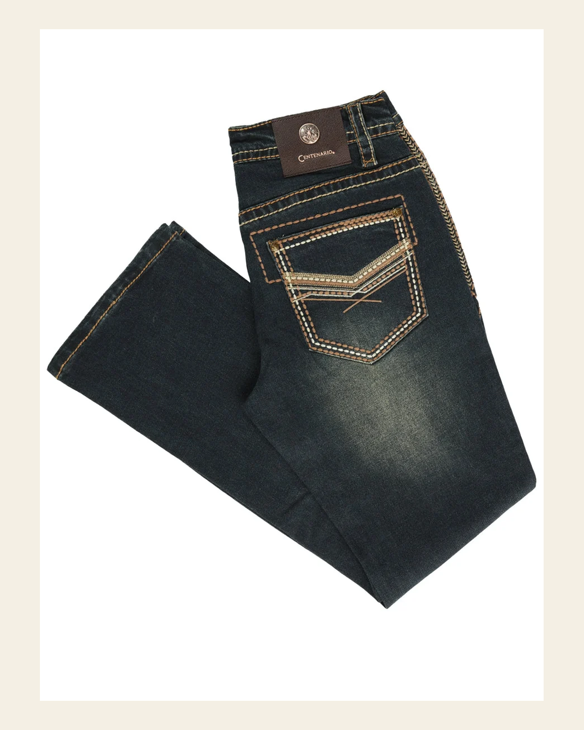 Centenario Men's Tinted Green Denim with Embroidered Details 45315 on a warm cream background