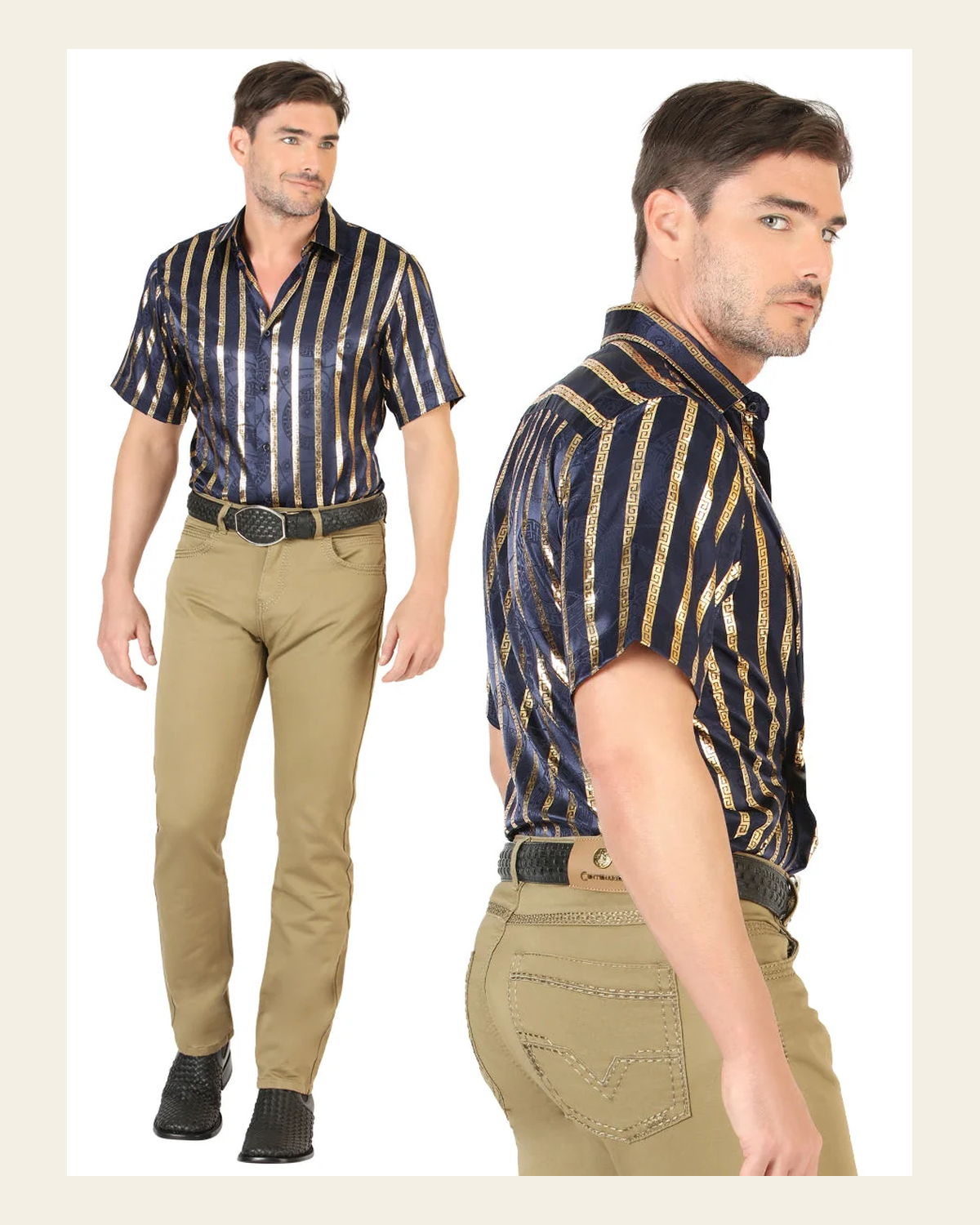 Centenario Extra Slim Fit Denim Pants - Khaki 45542 on a warm cream background