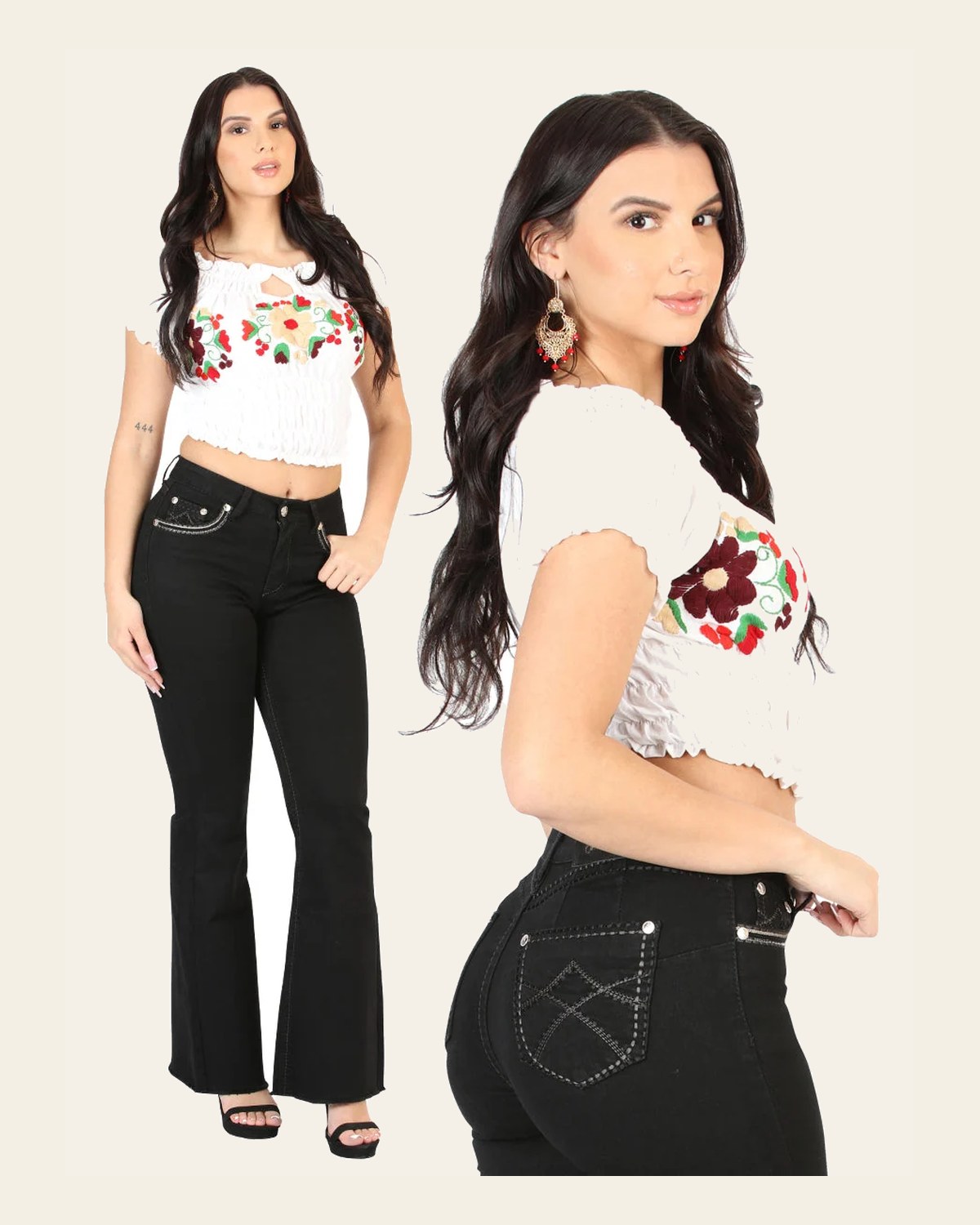 Centenario Women's Black Bootcut Denim Jeans 45543 on a warm cream background