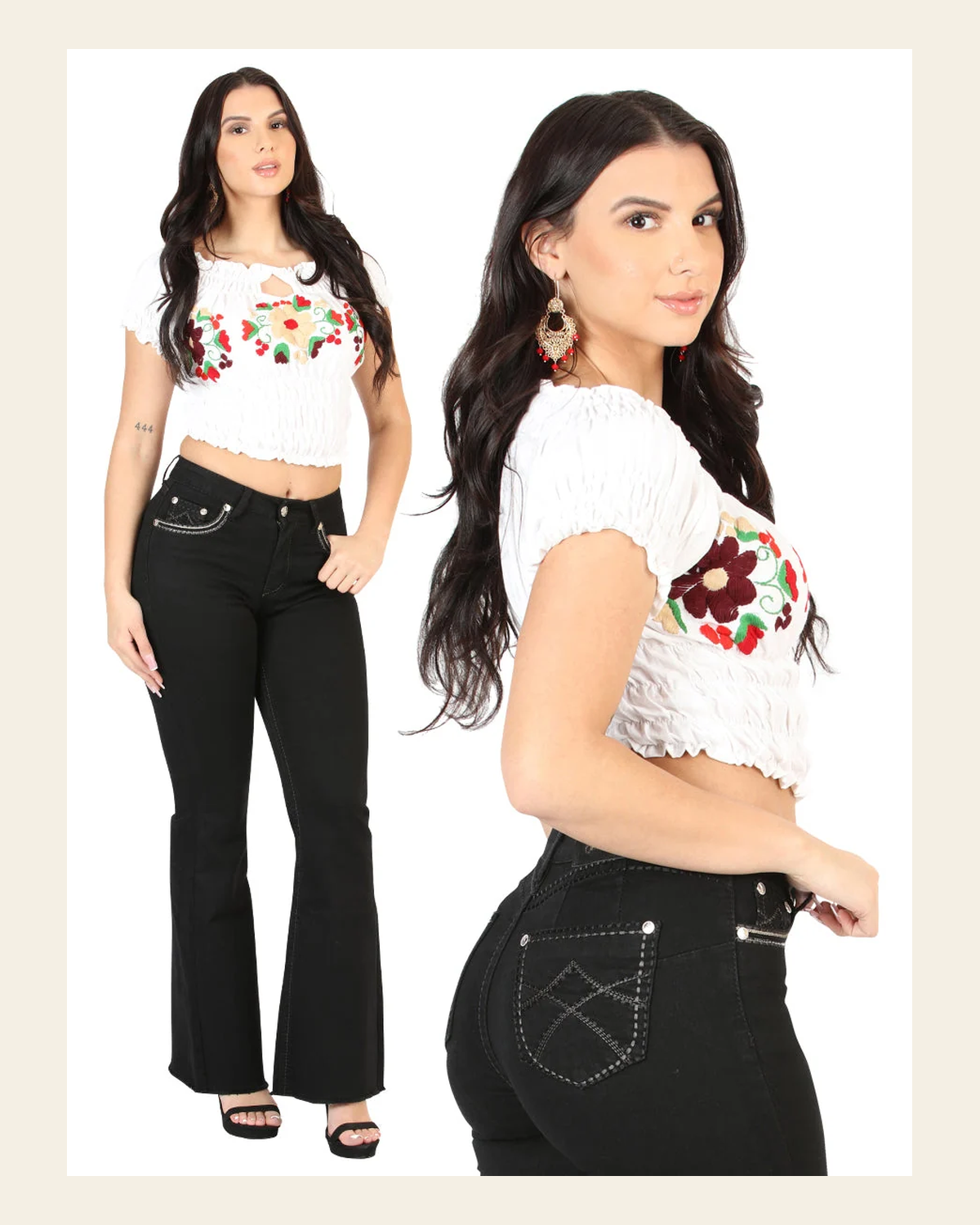 Centenario Women's Black Bootcut Denim Jeans 45543 on a warm cream background