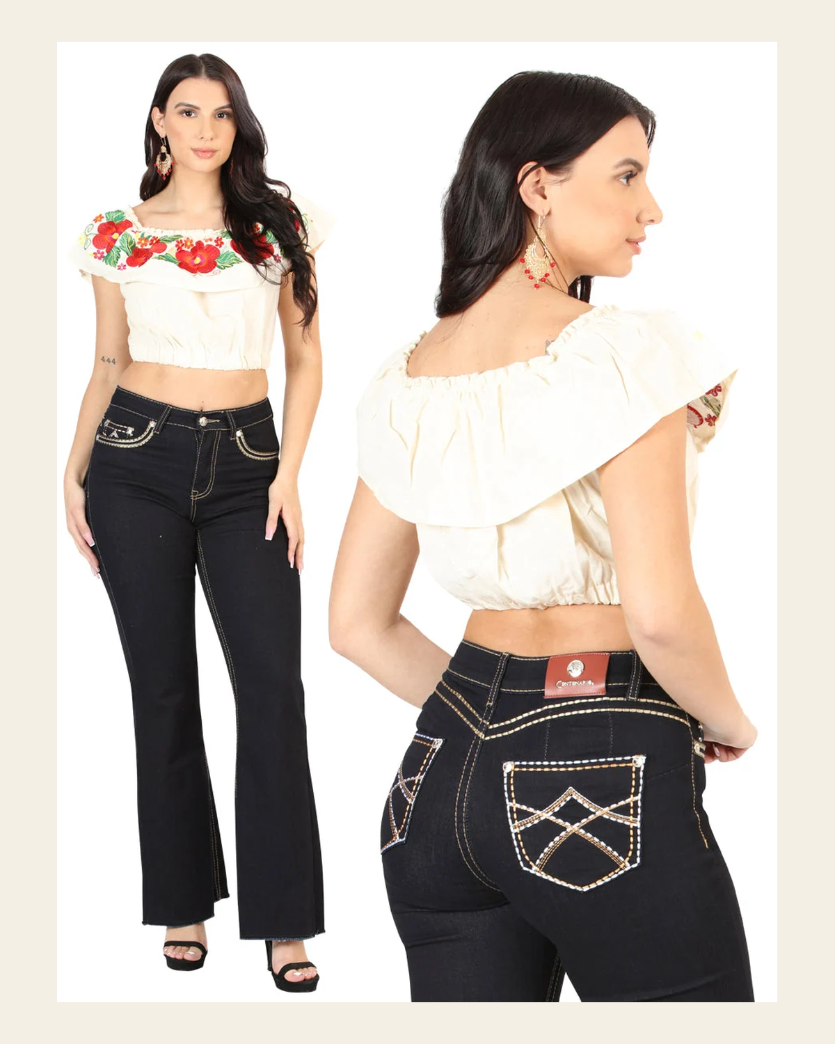 Centenario Women's Medium Blue Bootcut Denim Jeans 45544 on a warm cream background