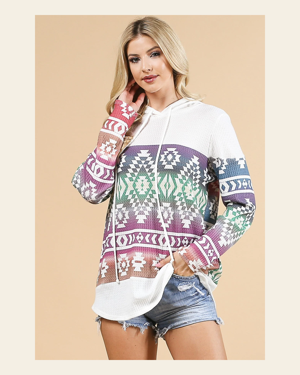 Chama Valley Aztec Print Waffle Knit Lightweight Hoodie Made in America on a warm cream background
