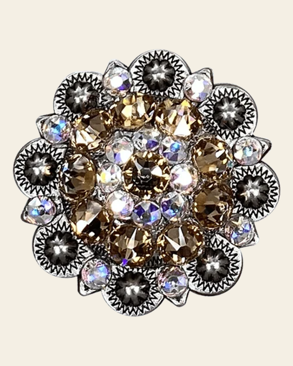 Champagne & AB Antique Silver 1.5" European Crystal Concho on a warm cream background