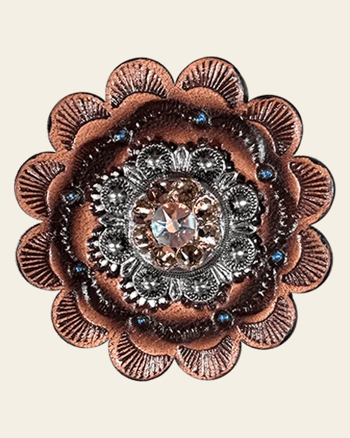 Champagne & AB Antique Silver 1" European Crystal Concho and Leather Rosette on a warm cream background