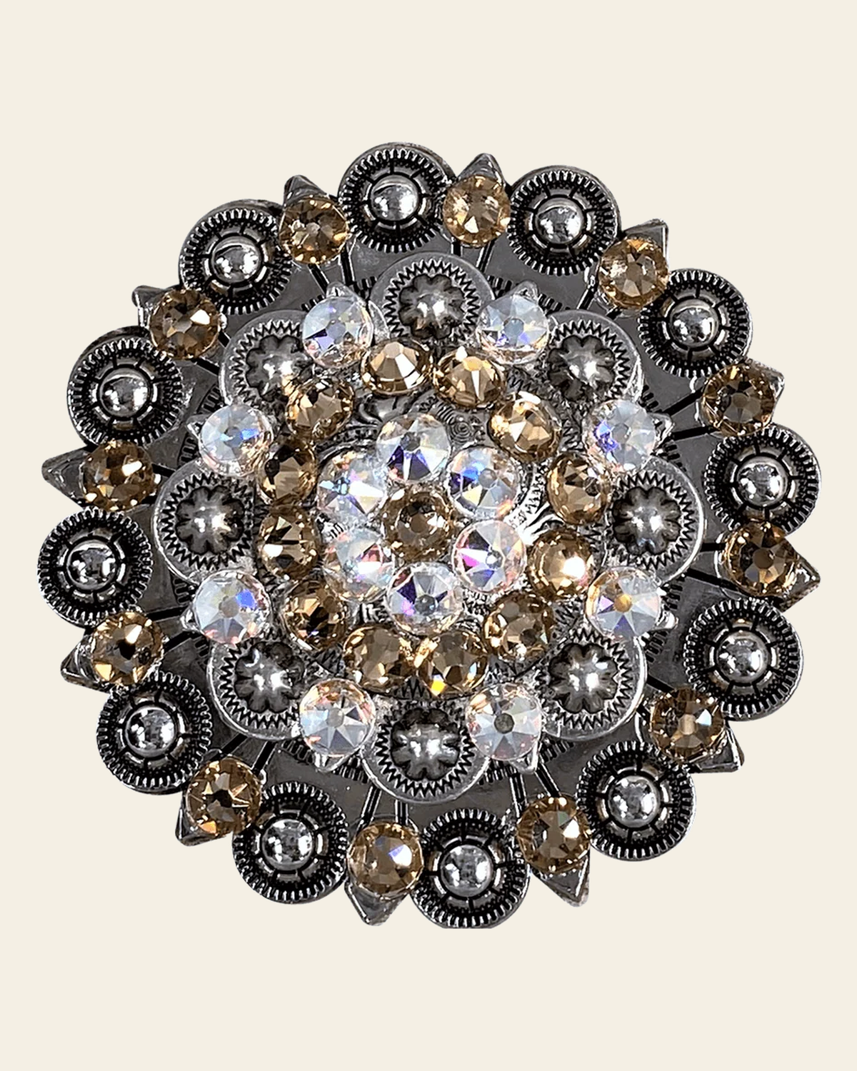 Champagne & AB Antique Silver Berry Jacket European Crystal Concho on a warm cream background