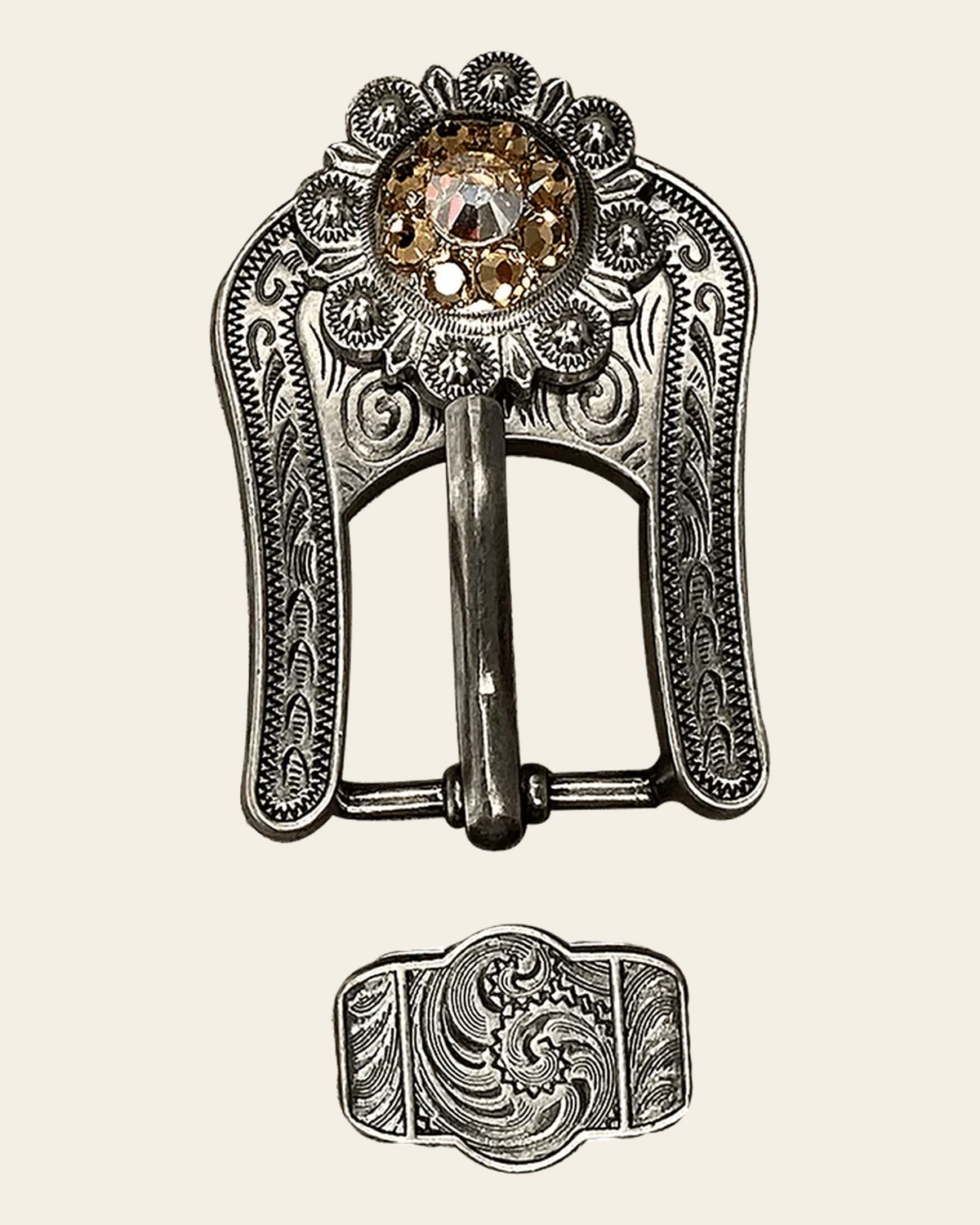 Champagne & AB Antique Silver European Crystal Buckle Keeper Set on a warm cream background