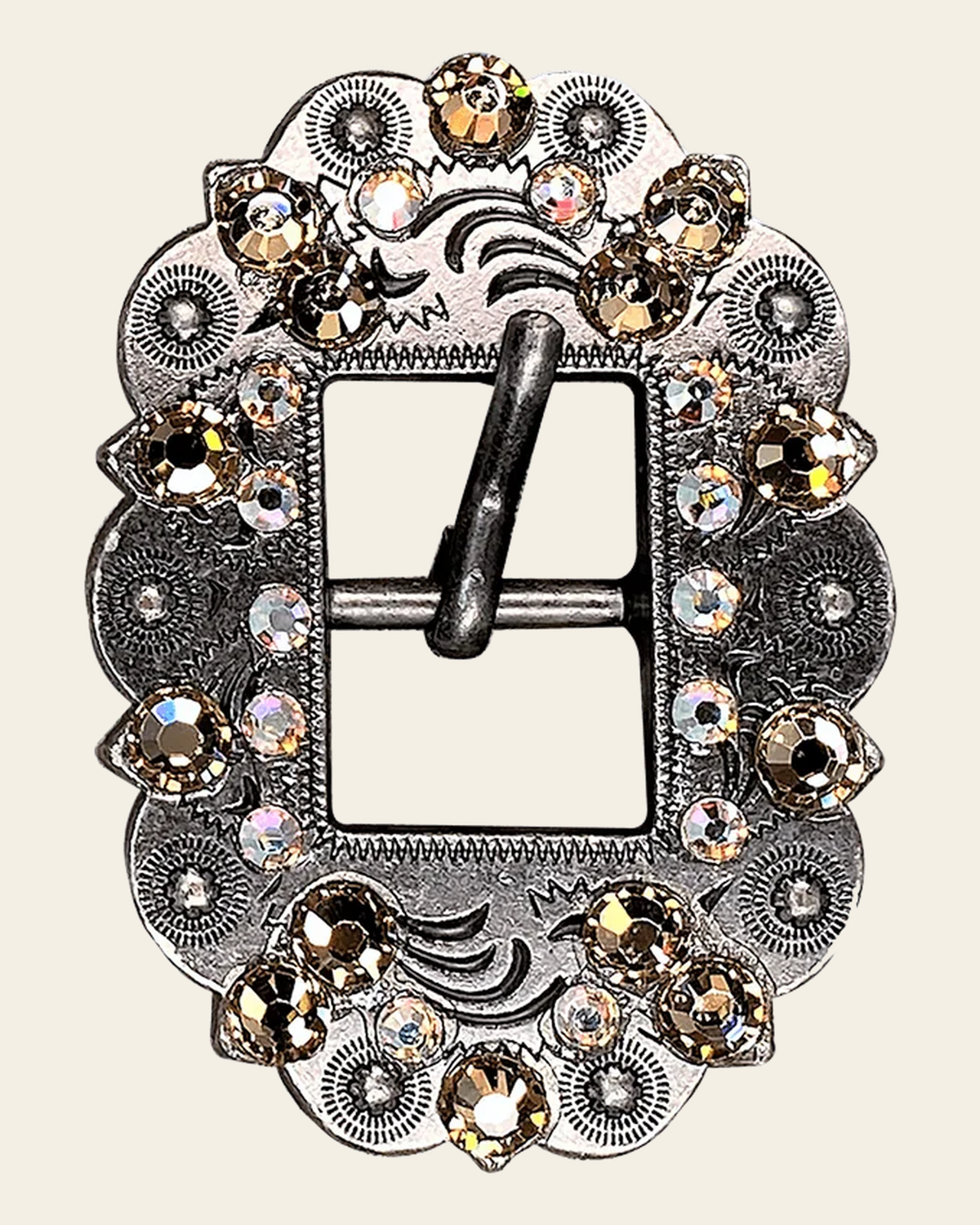 Champagne & AB Antique Silver European Crystal Cart Buckle on a warm cream background