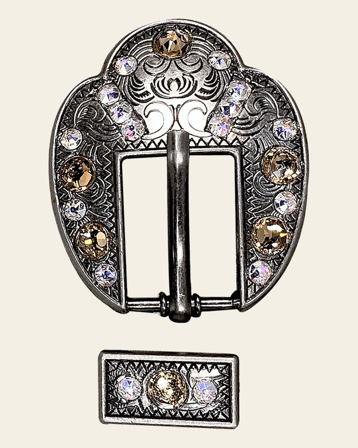 Champagne & AB Antique Silver European Crystal Fancy Buckle on a warm cream background