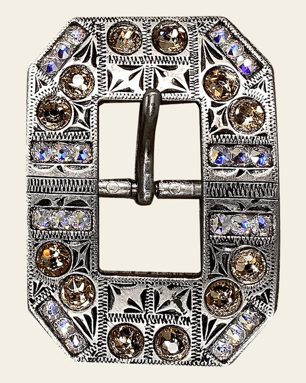 Champagne & AB Antique Silver European Crystal Square Cart Buckle on a warm cream background