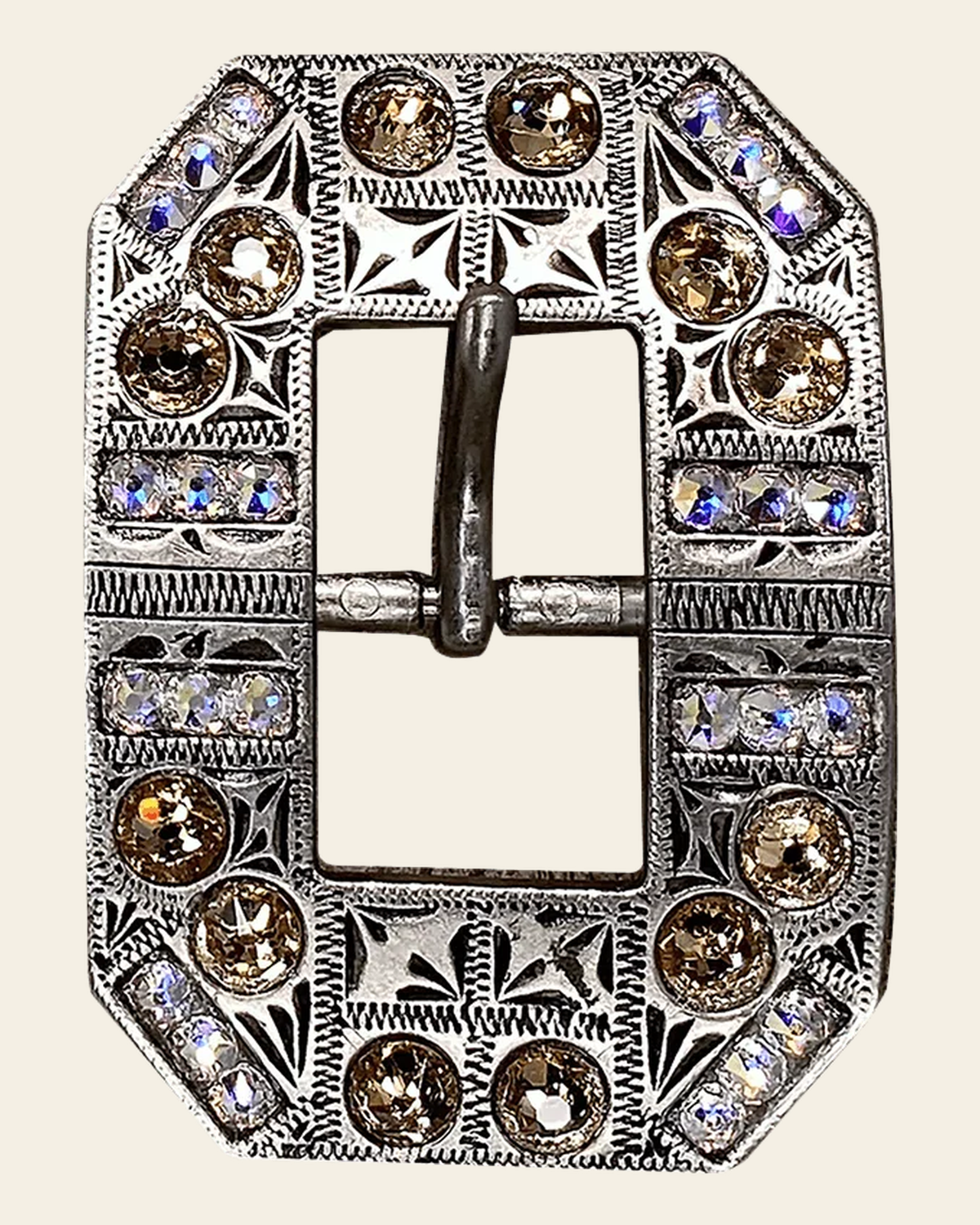 Champagne & AB Antique Silver European Crystal Square Cart Buckle on a warm cream background